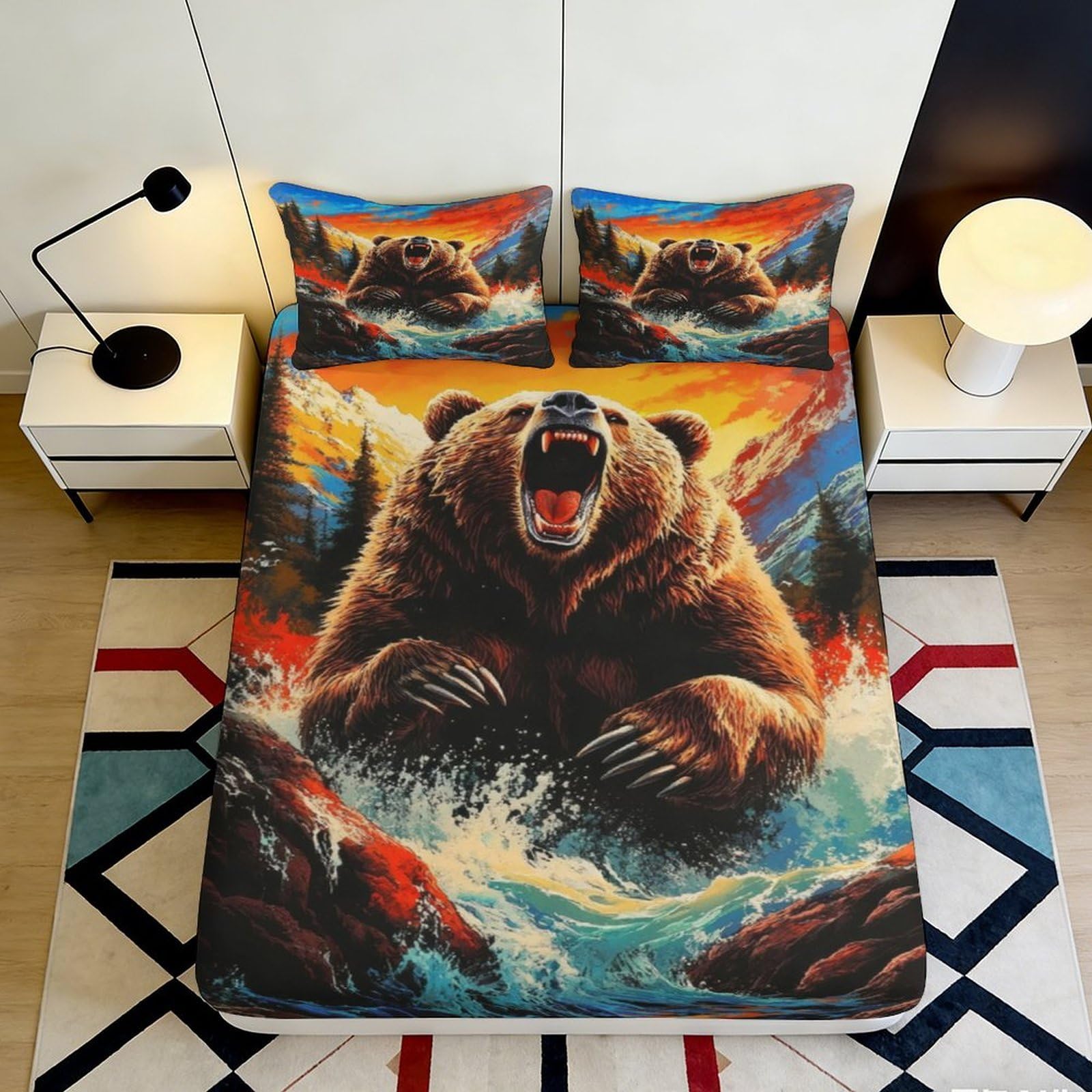 Decorative Bear Design Fitted Sheet 3D Printed, Soft Touch Microfiber, Stylish Room Accent, Guest Room Bedding, Wrinkle Resistant Bed Cover 180x200x25cm