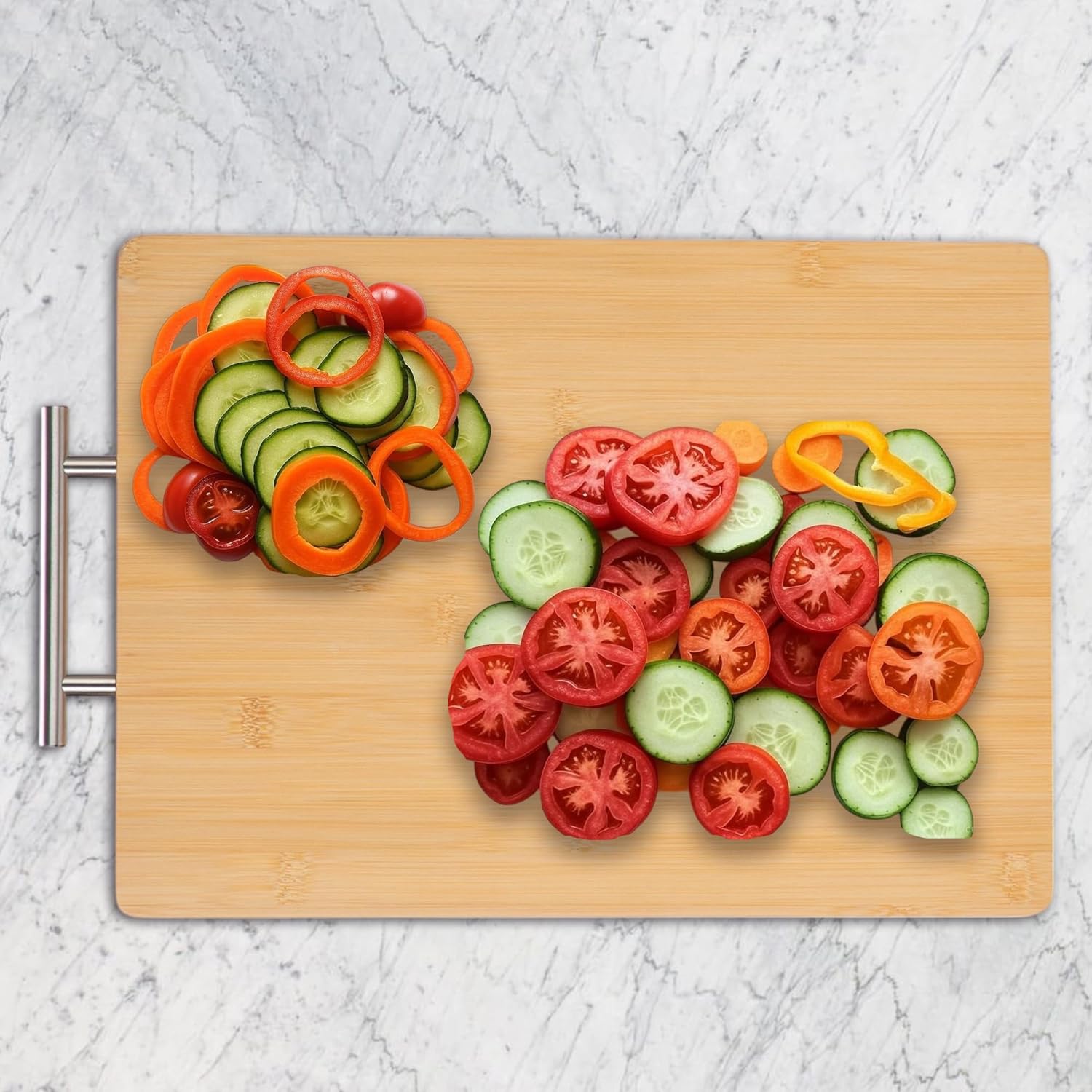 KF Double Sided Cutting Board - Bamboo and Stainless Steel Cutting Boards for Kitchen, Non Toxic Reversible Chopping Board for Meat and Veggies