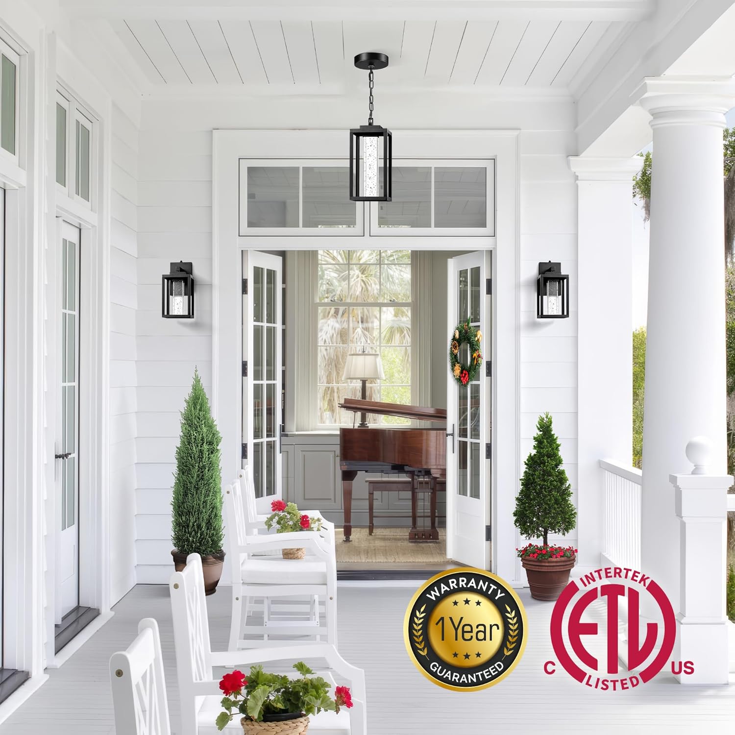 VIANIS Large Outdoor Pendant Lights with Adjustable Chain, Modern Black Exterior Chandelier for Porch with Integrated 10W LED Light Source, 100% Aluminum Waterproof Exterior Hanging Lighting for House