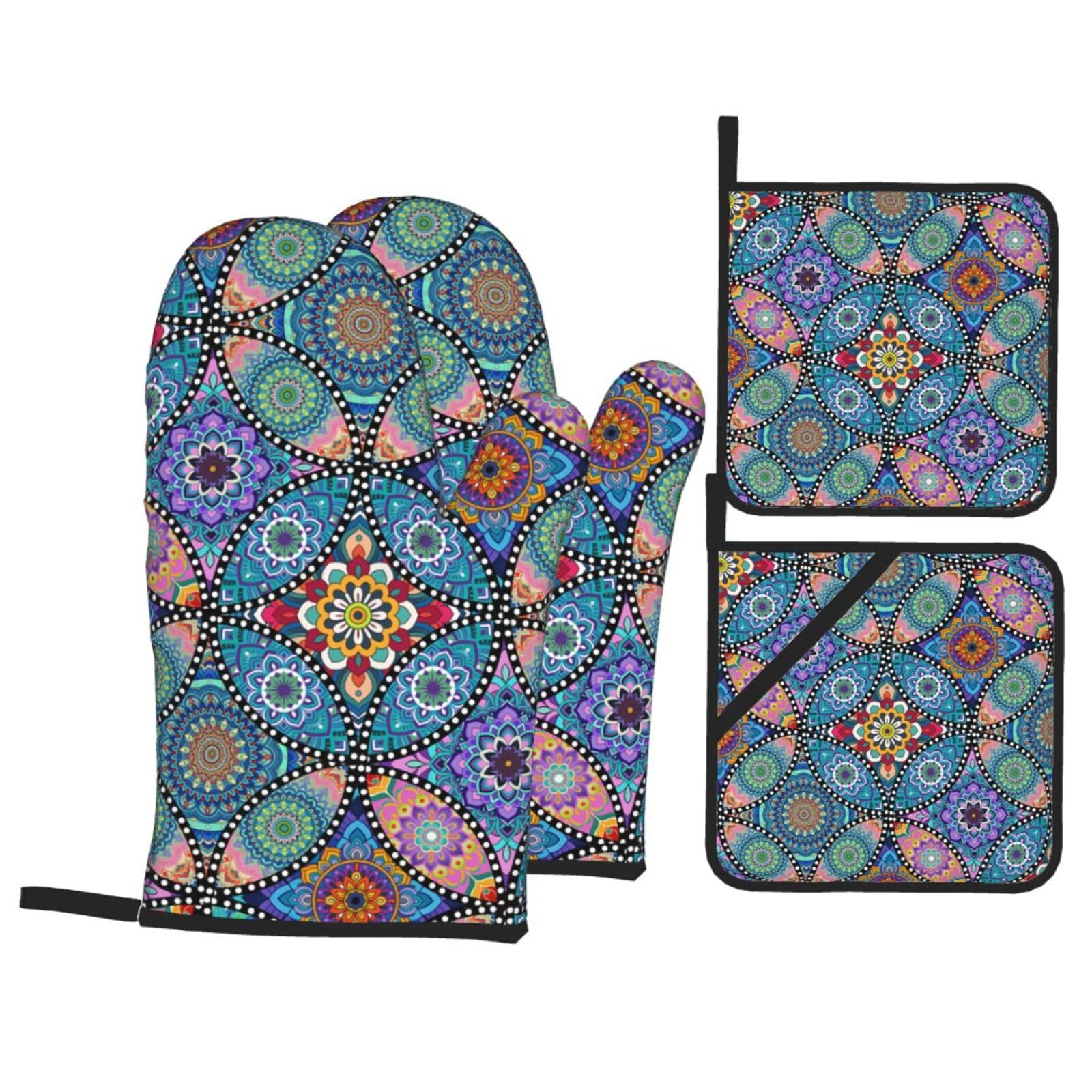 Blue Boho Oven Mitts and Pot Holders Sets - Colorful Bohemian Kitchen Mitts Potholders 4 Pack Heat Resistant Vibrant Floral Oven Gloves Hot Pads for Kitchen Baking Grilling Party