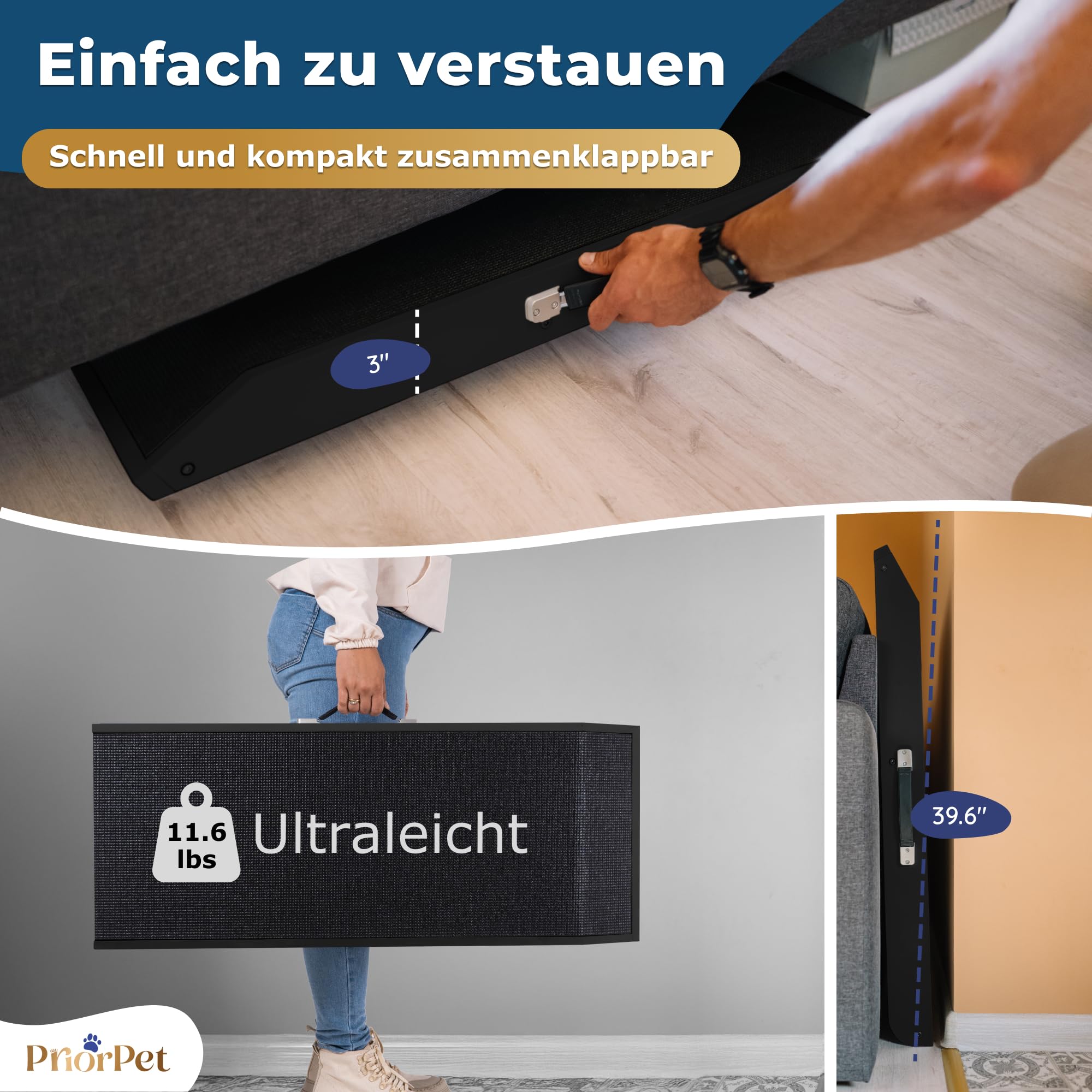 Hunderampe - Hundetreppe für kleine Hunde und große Hunde - Einstellbar 18-53 cm - Für Bett Sofa - Birkenholz - Landeplattform schließt nahtlos an - Rampe Hund Klappbar - Anti-rutsch Einsatz Schwarz
