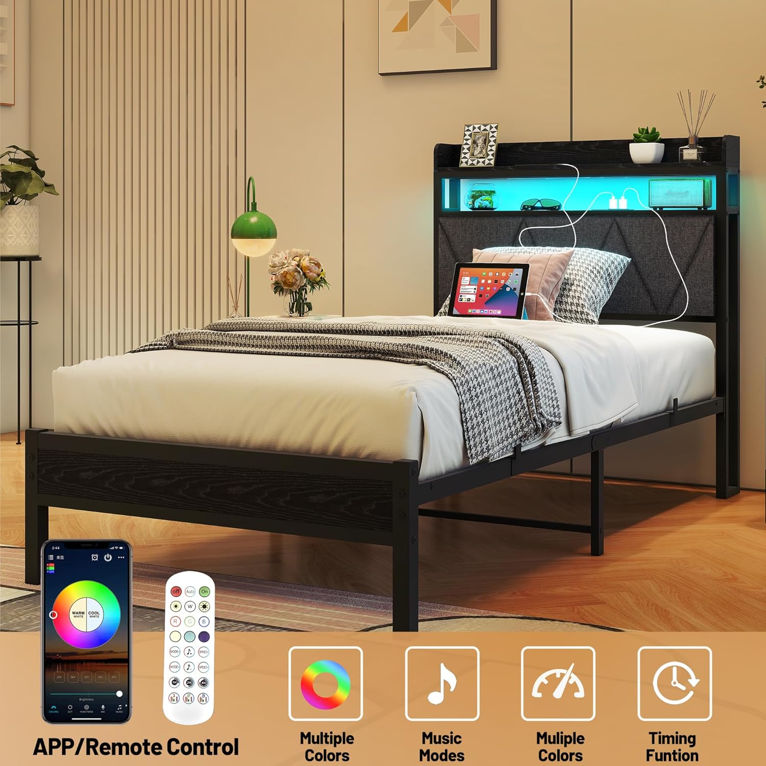 VERFARM bed frame with LED lights on, showing remote and app control icons.