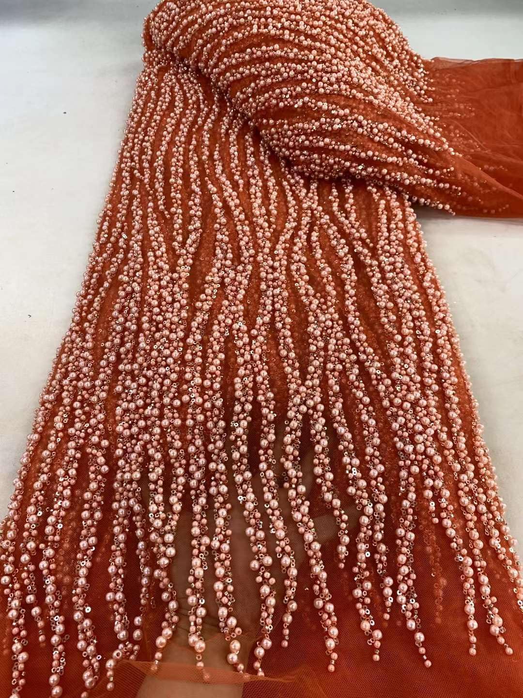 African Heavy Beaded Lace Nigerian Sequin Pearl Lace French Tulle Fabric for Wedding Party Dress (White,5 Yards)