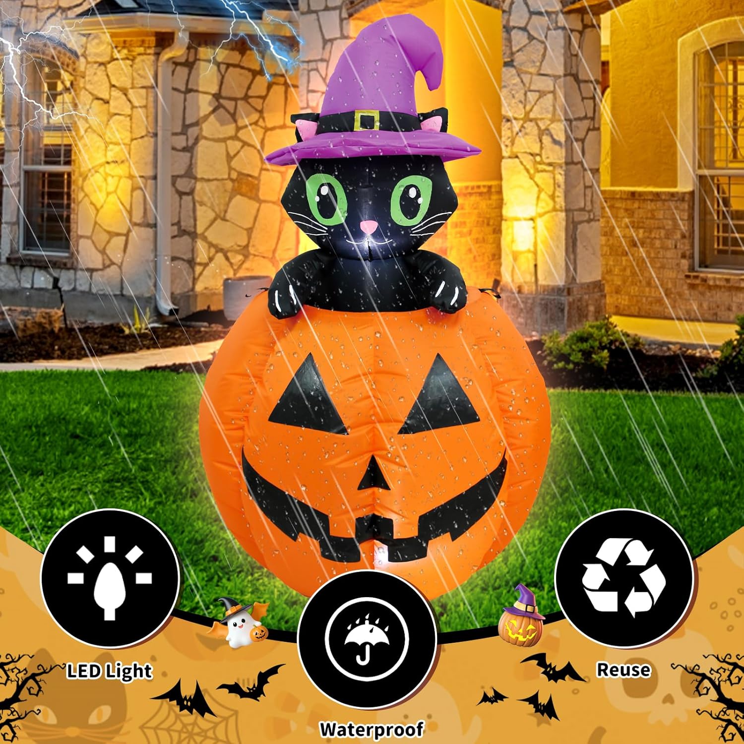 TRMESIA 4FT Halloween Inflatable Decor Lifting Cat Pumpkins with LED Lights Indoor Outdoor Blow Up Decoration Halloween Party Holiday Decoration