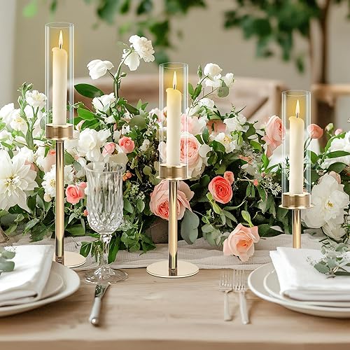 Miniatura 2 de Juego de 3 portavelas dorados, juego de portavelas estriado, alto, grande, largo, para huracán, decorativo, de metal, para bodas, fiestas,