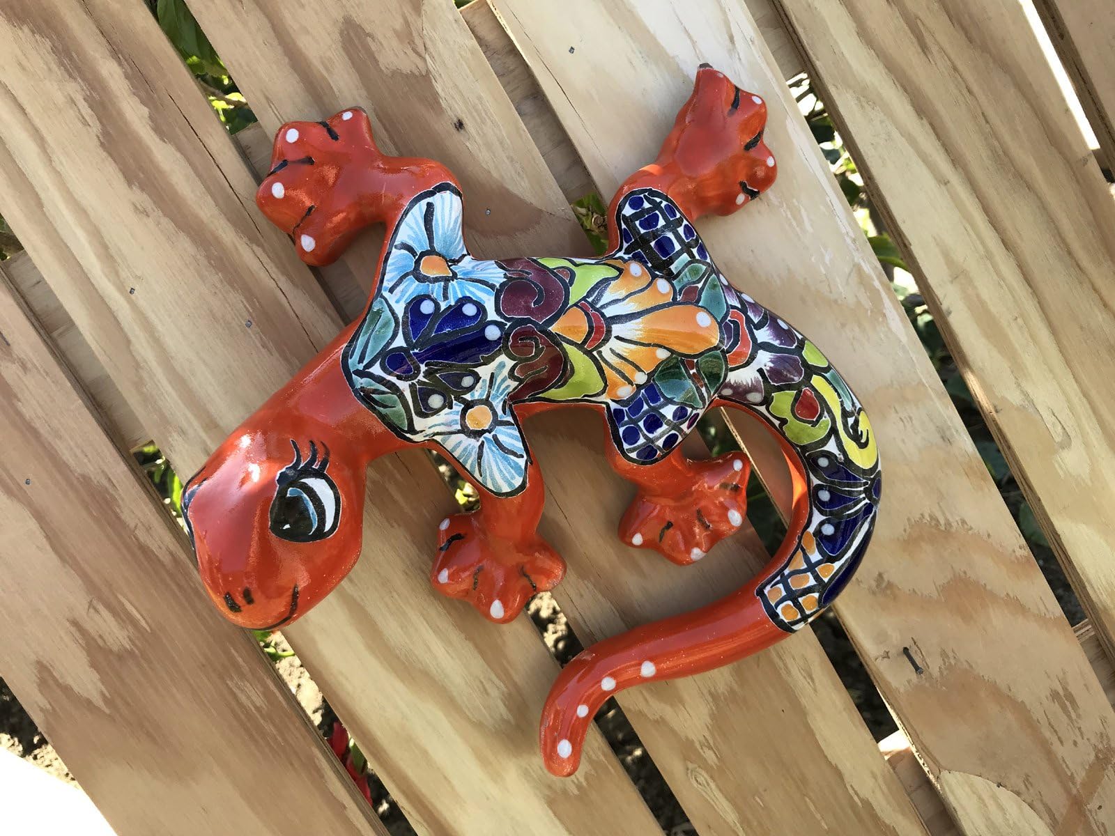 Authentic Puebla Fine Talavera Ceramic Iguana 10" Pottery Mexico Hand Painted Hanging Wall Art Decor! Lifelike Shape Gecko Style Lizard [Orange]
