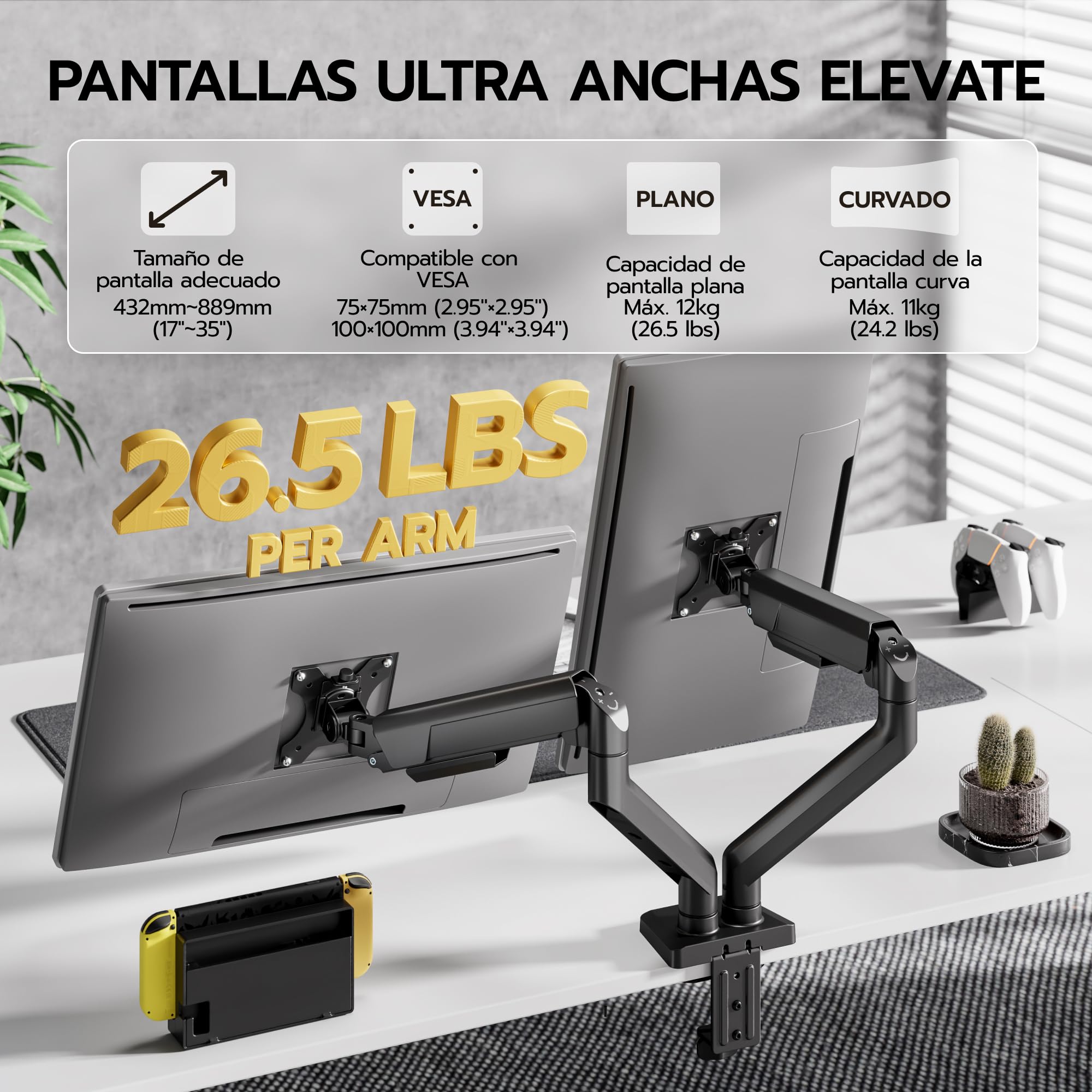 ARES WING Brazo Doble para 2 monitores de 17 a 35 Pulgadas, VESA 75/100 | Soporte para monitor de pantalla plana y curva, brazo de monitor para juegos con gestión de cables, inclinación / rotación