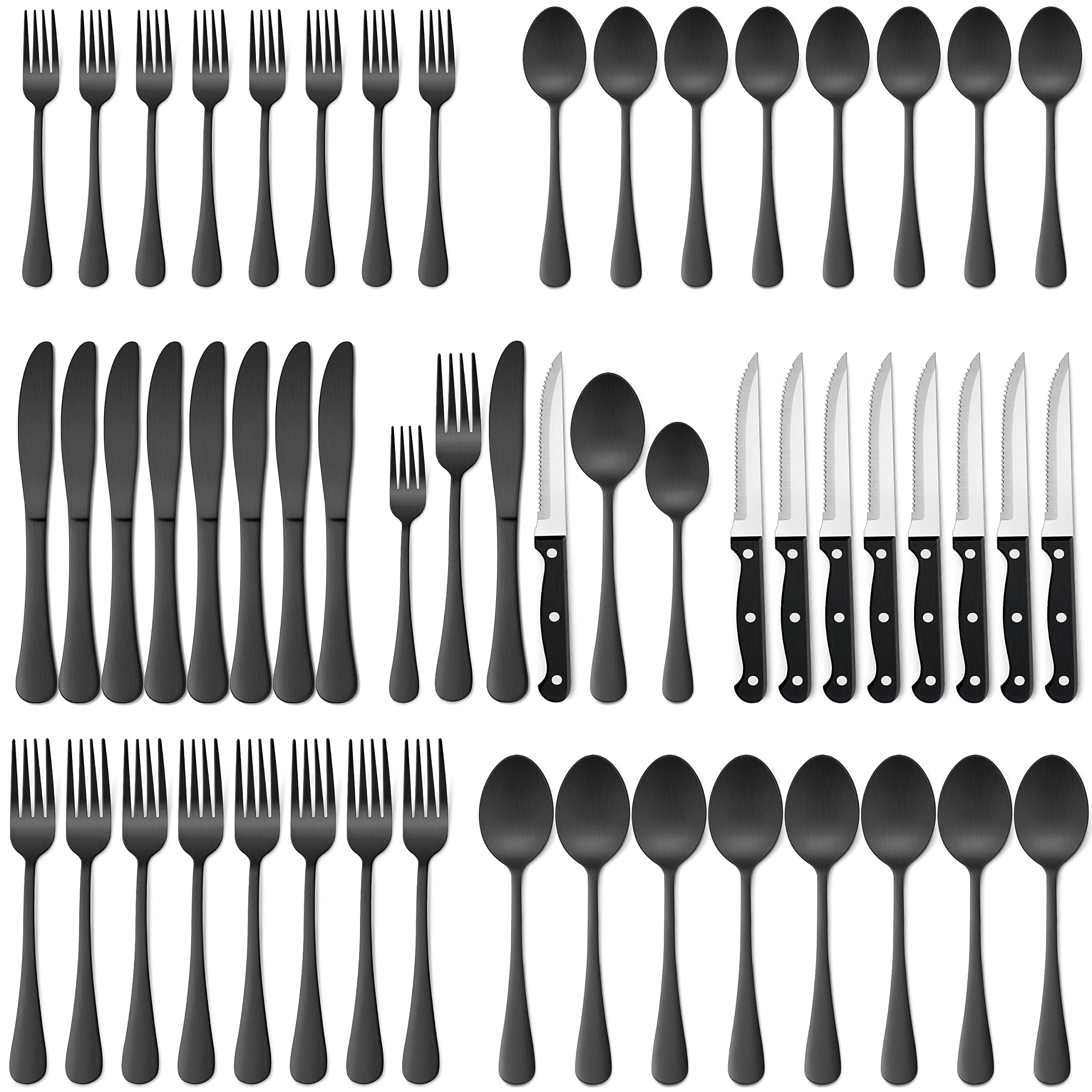 HaWare48-Piece Black Silverware Set with Steak Knives, Stainless Steel Flatware Cutlery Set for 8, Fancy Eating Utensils Set For Home Restaurant Hotel, Include Knives, Forks, Spoons, Dishwasher Safe