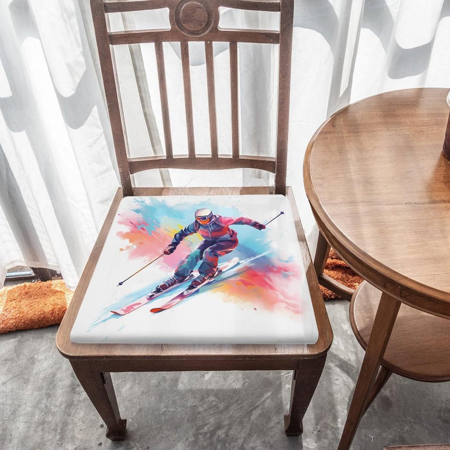 Skier Watercolor Floor Pillow Meditation Yoga Cushion Square Chair Cushion Pillows Seating for Adults