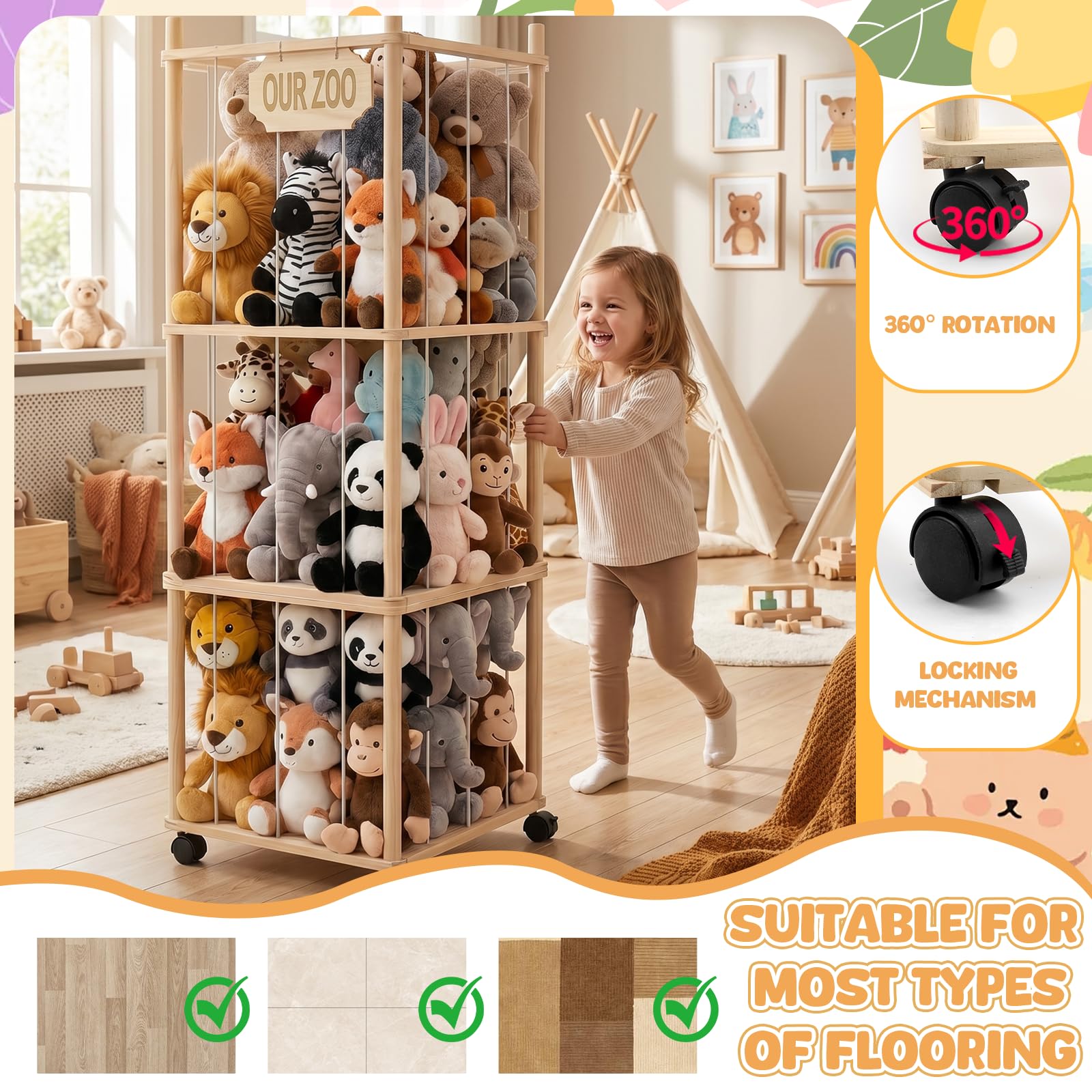 Caja de almacenamiento de animales de peluche de madera, 146 cm, con ruedas, 3 niveles, almacenamiento de peluche, organizador para habitación de los niños, estantería de zoológico de peluche, incluye