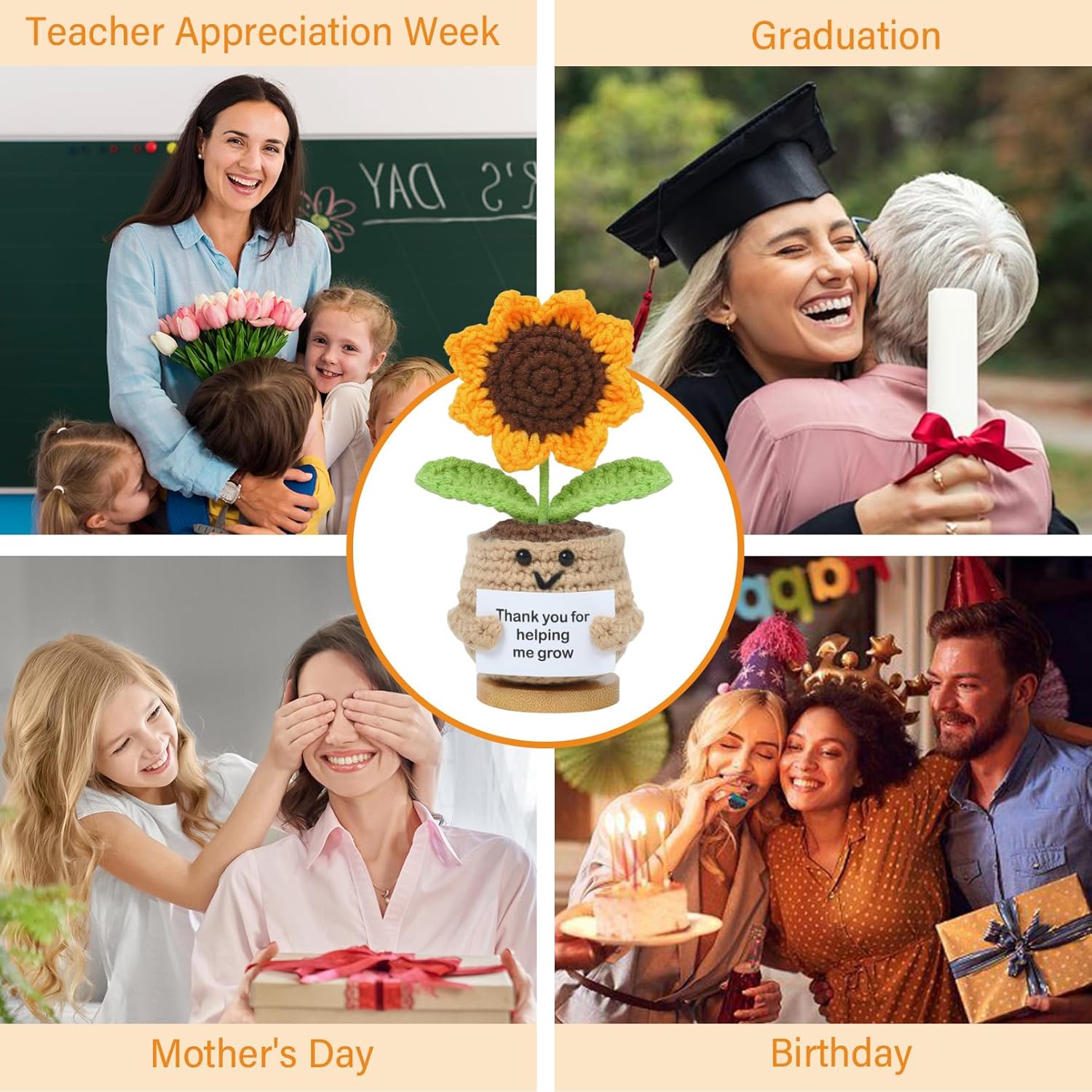 Sunflower Teacher Appreciation Gifts, Thank You Gifts for Women, Handmade Positive Emotional Support Crochet Plant with Card Teacher Appreciation Week, Graduation - Sunflower/Rose - Image 5
