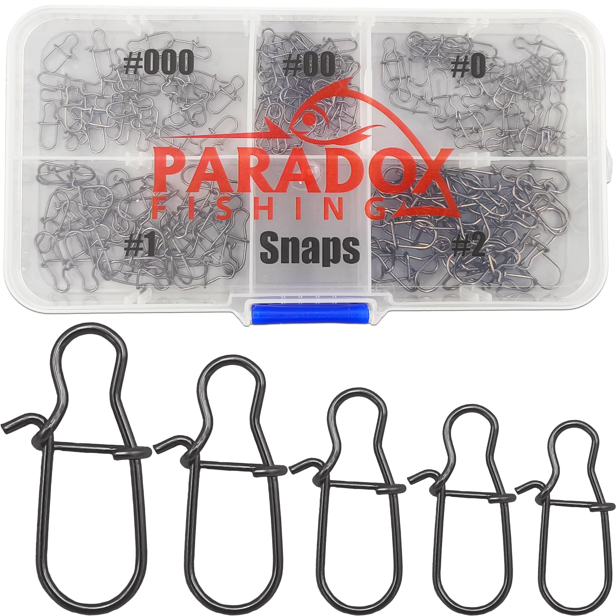 Paradox Fishing Zestaw zatrzasków I 175 sztuk #000-#2 z pudełkiem, akcesoria wędkarskie, pstrągi, karabińczyki, przynęty na pstrągi, karabińczyki – do przynęt na pstrągi, szczupaki i okonie