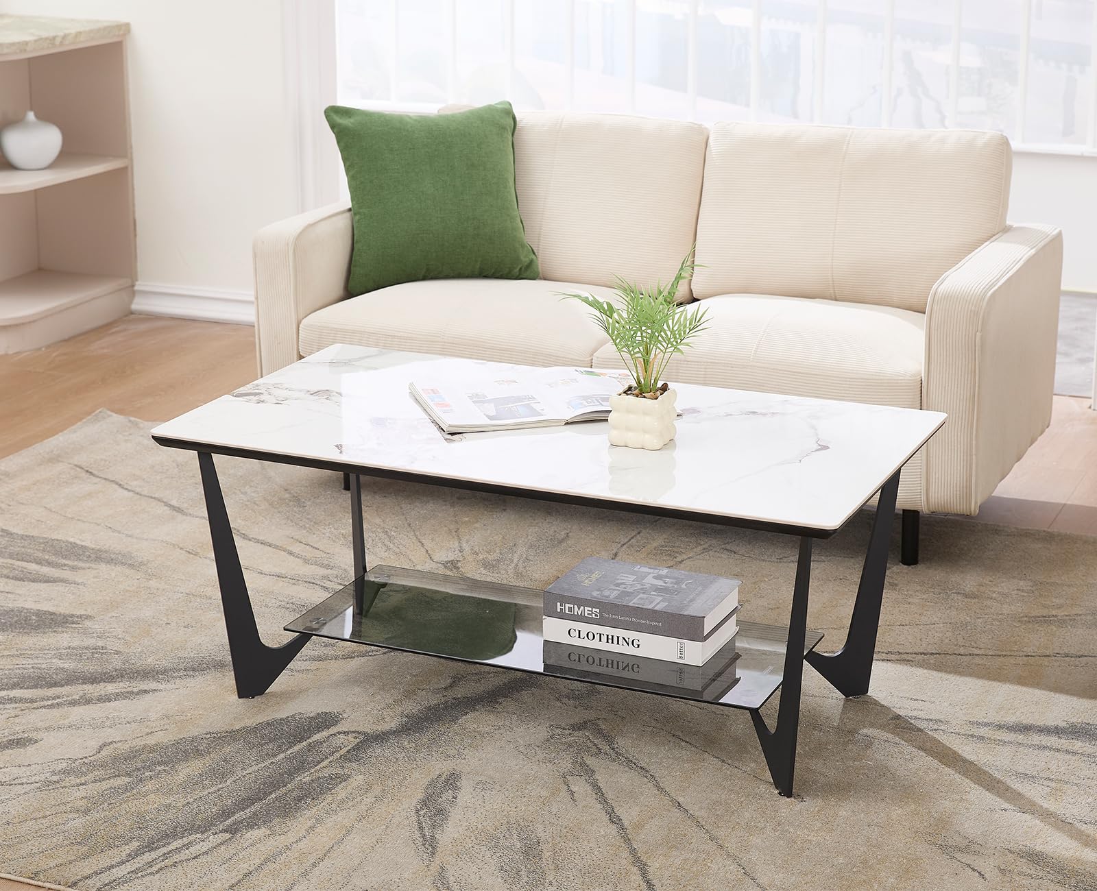 chairus Mesa de Salón Moderna Mesa de Centro Rectangular,Tablero con Estantes Almacenaje Mesita de Mármol para Hogar/Oficina,Blanco