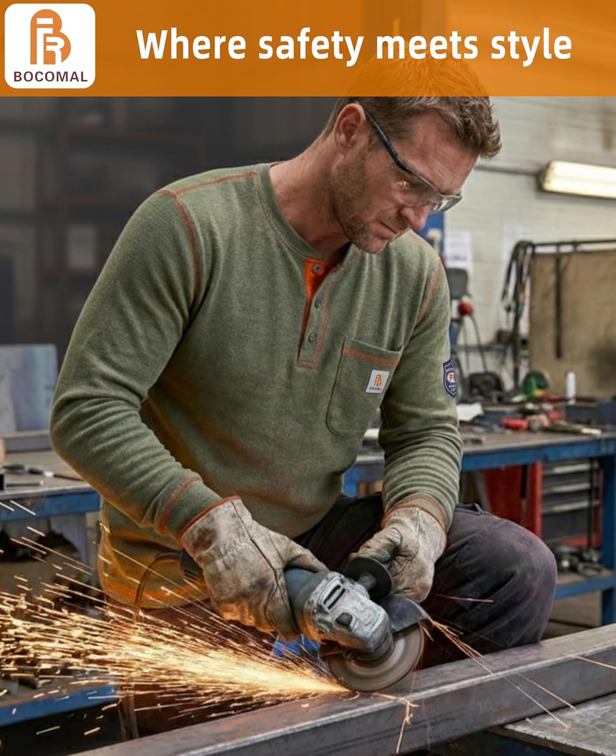 BOCOMAL FR Shirts Flame Resistant Henley Shirt NFPA2112/CAT2 7oz Men's Long Sleeve Fire Retardant Clothing