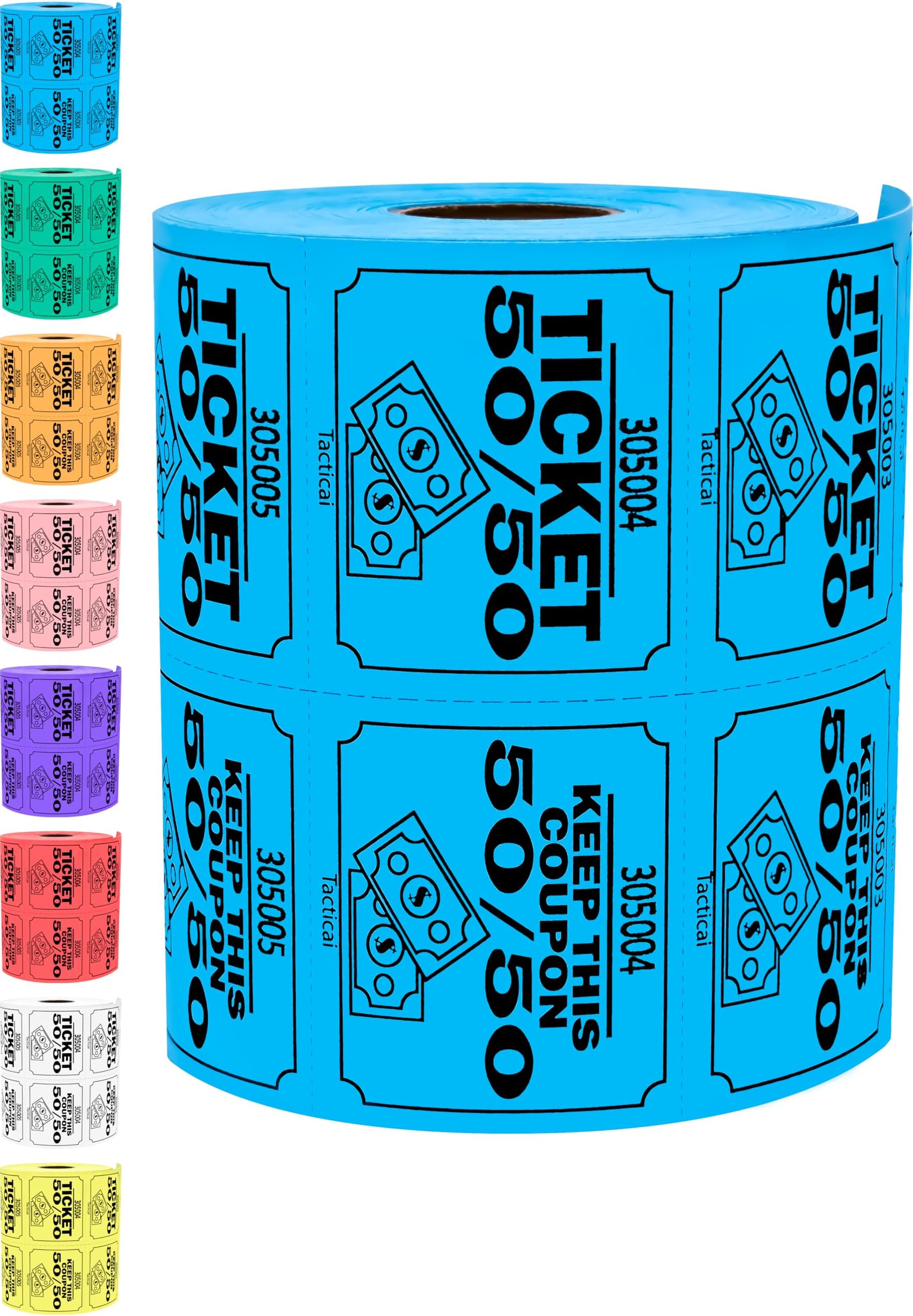 Tacticai 500 Raffle Tickets, 50/50, Blue (1 of 8 Colors), Double Roll, Large Ticket for Events, Entry, Class Reward, Fundraiser & Prizes