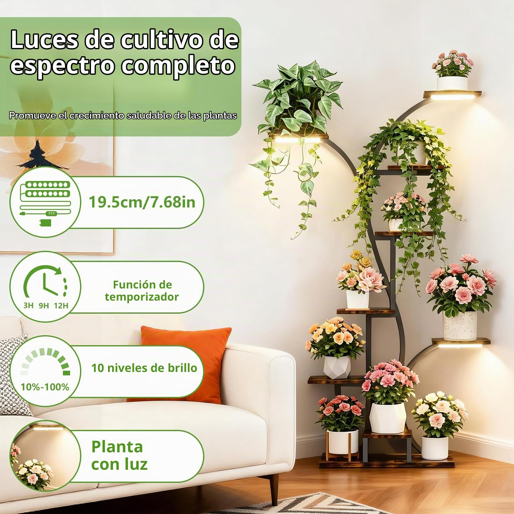 unho Soporte Plantas Interior con Luz LED, Estante de Metal | Luz USB con Temporizador 3/9/12h y Espectro Completo 420-660nm, Ideal Para Crecimiento y Floración, Incluye Correa Antivuelco