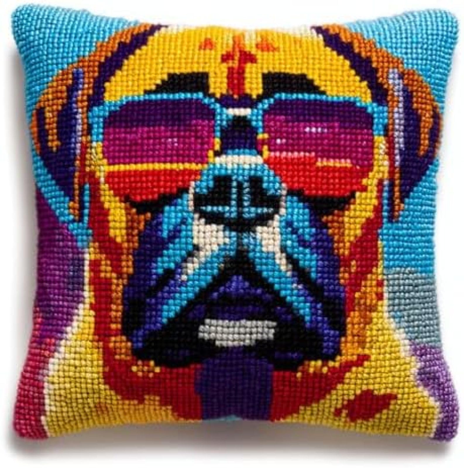 kitphoenix Latch Hook Kit for Adults Beginners,Bullmastiff Dog Wear Sunglasses,DIY Cushion Cover Kit,Rug Hooking Craft Kit with Pre-Printed Canvas,Yarn and Hook,43x43 cm Pillow Cover