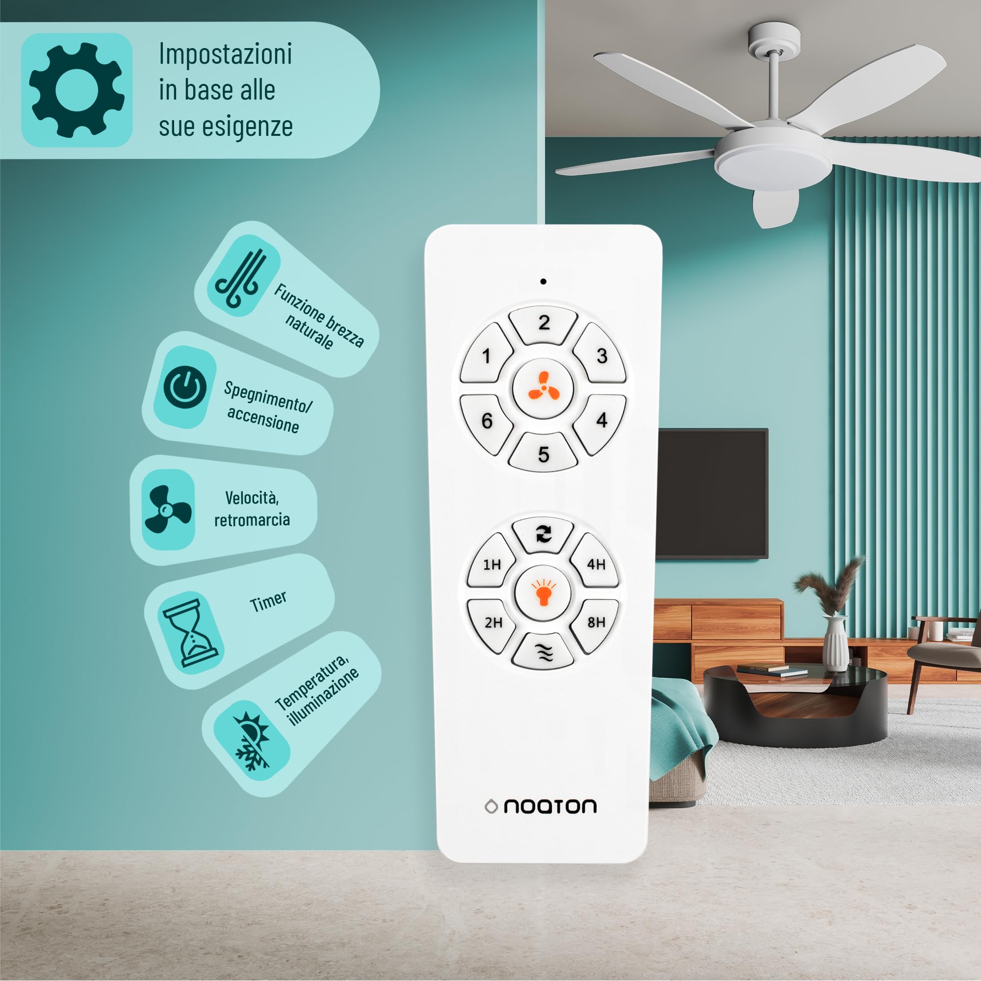 Noaton® Maia Ventilatore da soffitto con illuminazione, bianco/acero, diametro 132 cm, motore DC 41 W, LED 24 W, telecomando, portata d'aria fino a 198 m3/min, asta di prolunga 15/25 cm