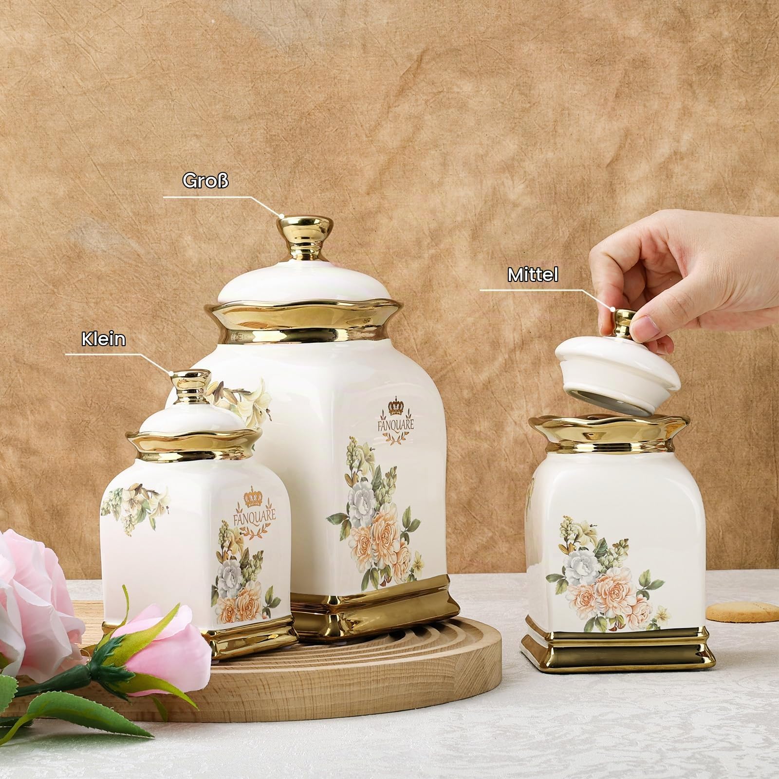 fanquare 3 Stück Vintage Blumenspeicher-Gläser mit Deckel, Keramiktassen für Tee, Kaffee, Zucker, luftdichte Lebensmittelaufbewahrungsgläser für Zuhause, Küche, Geschenke