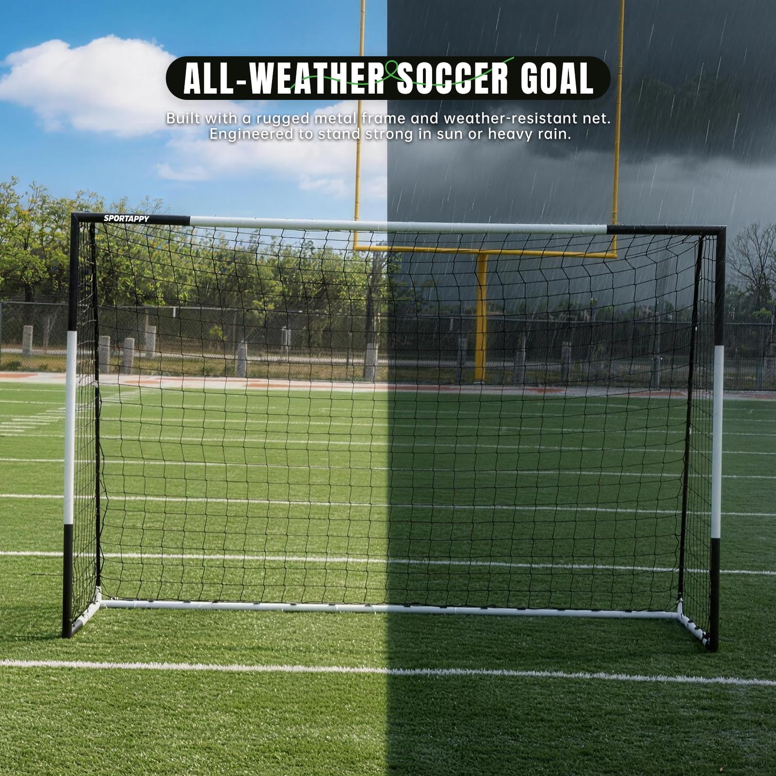 Porta da calcio per uso intensivo 2,6x3 | 4x6 | 6x8 | 6,5x10 | 6,5x12 piedi, struttura in acciaio resistente alle intemperie, montaggio rapido senza attrezzi