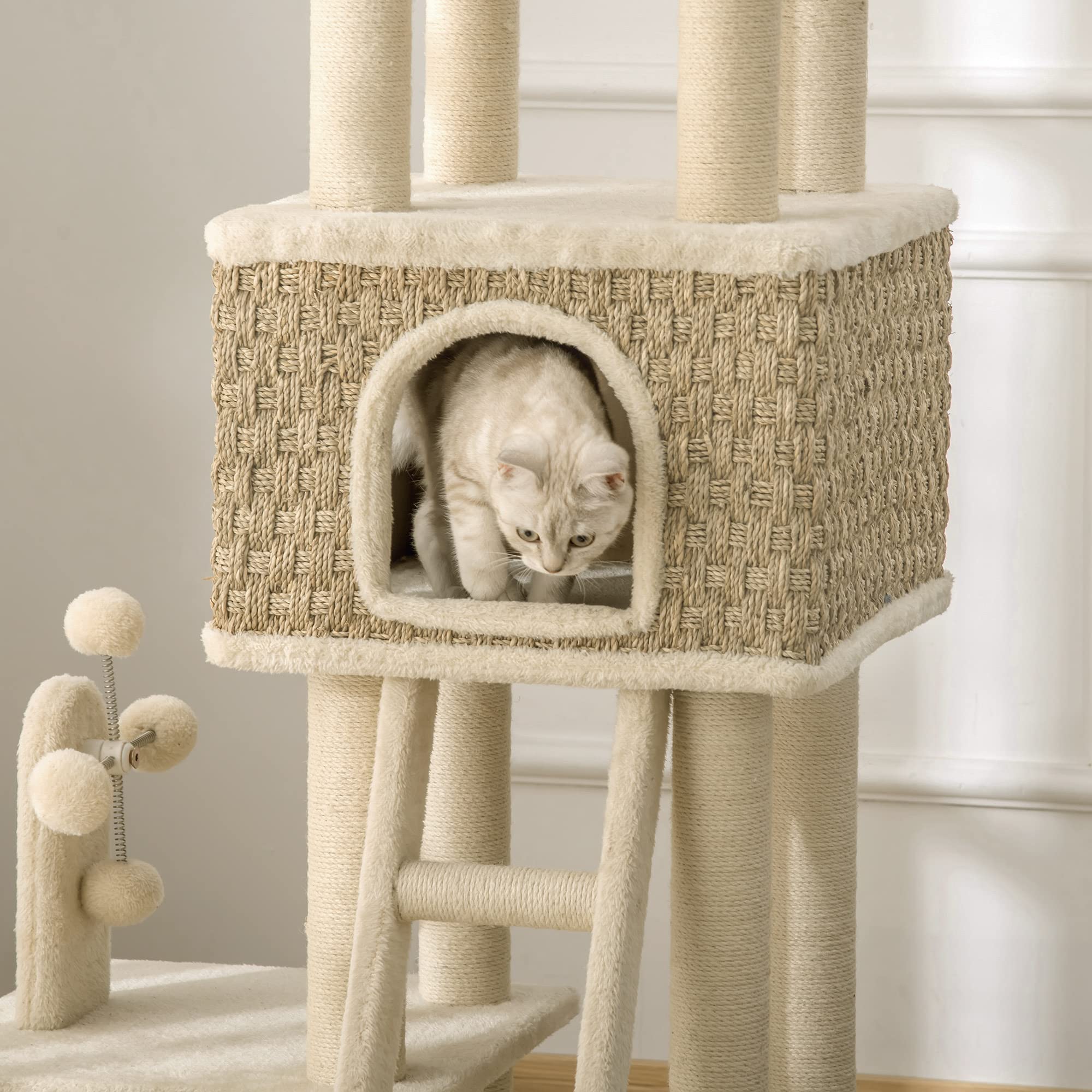 PawHut Árbol Rascador para Gatos Grande Altura 131 cm con Cueva de Algas Postes de Sisal Natural Plataformas Bola Colgante y Molino de Viento de Juguete 69x40x131 cm Beige