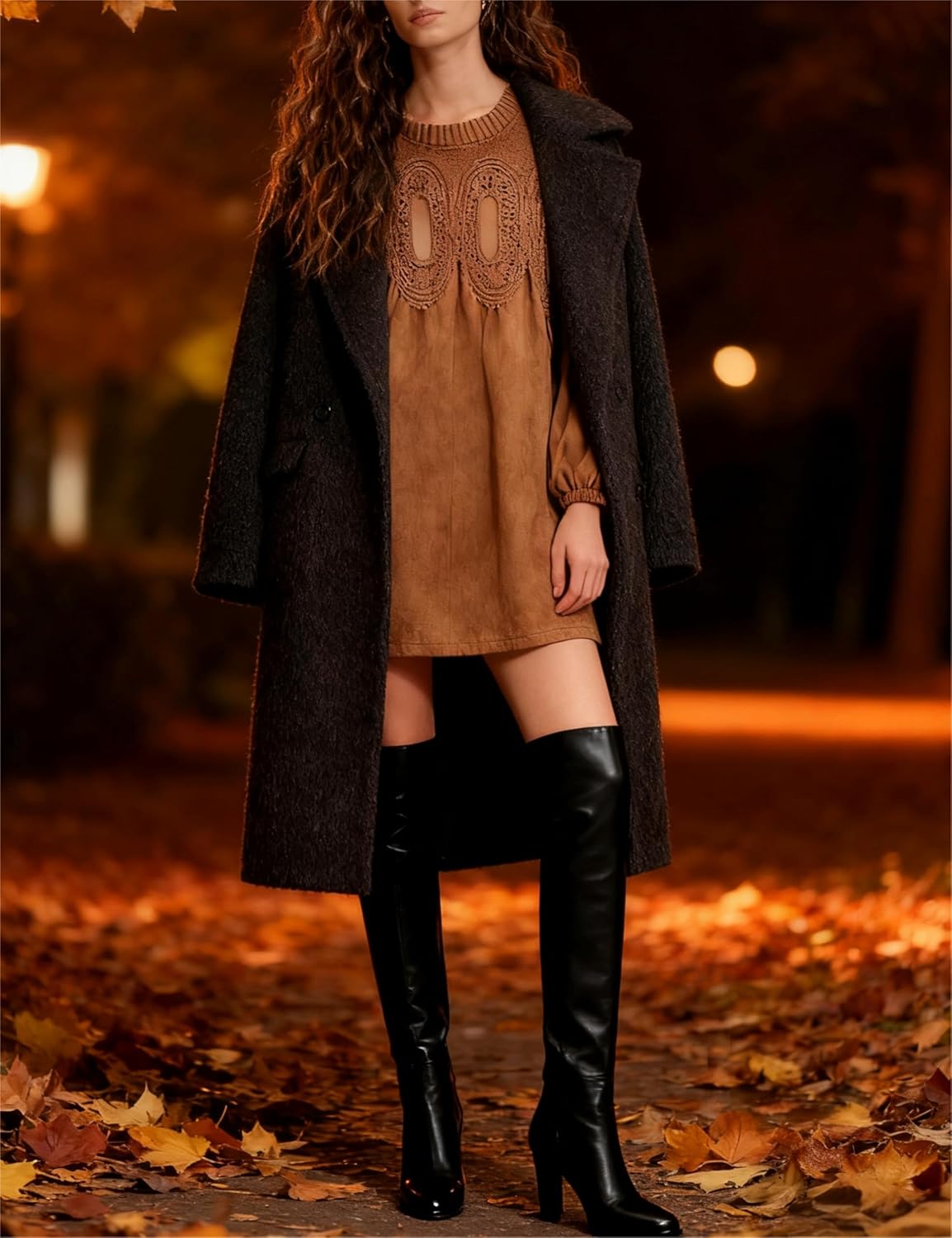 Athlisan Women's Fall Mini Dress Long Sleeve Faux Suede Lace Babydoll A-Line Swing Dress with Pockets(Brown-L) - Image 7