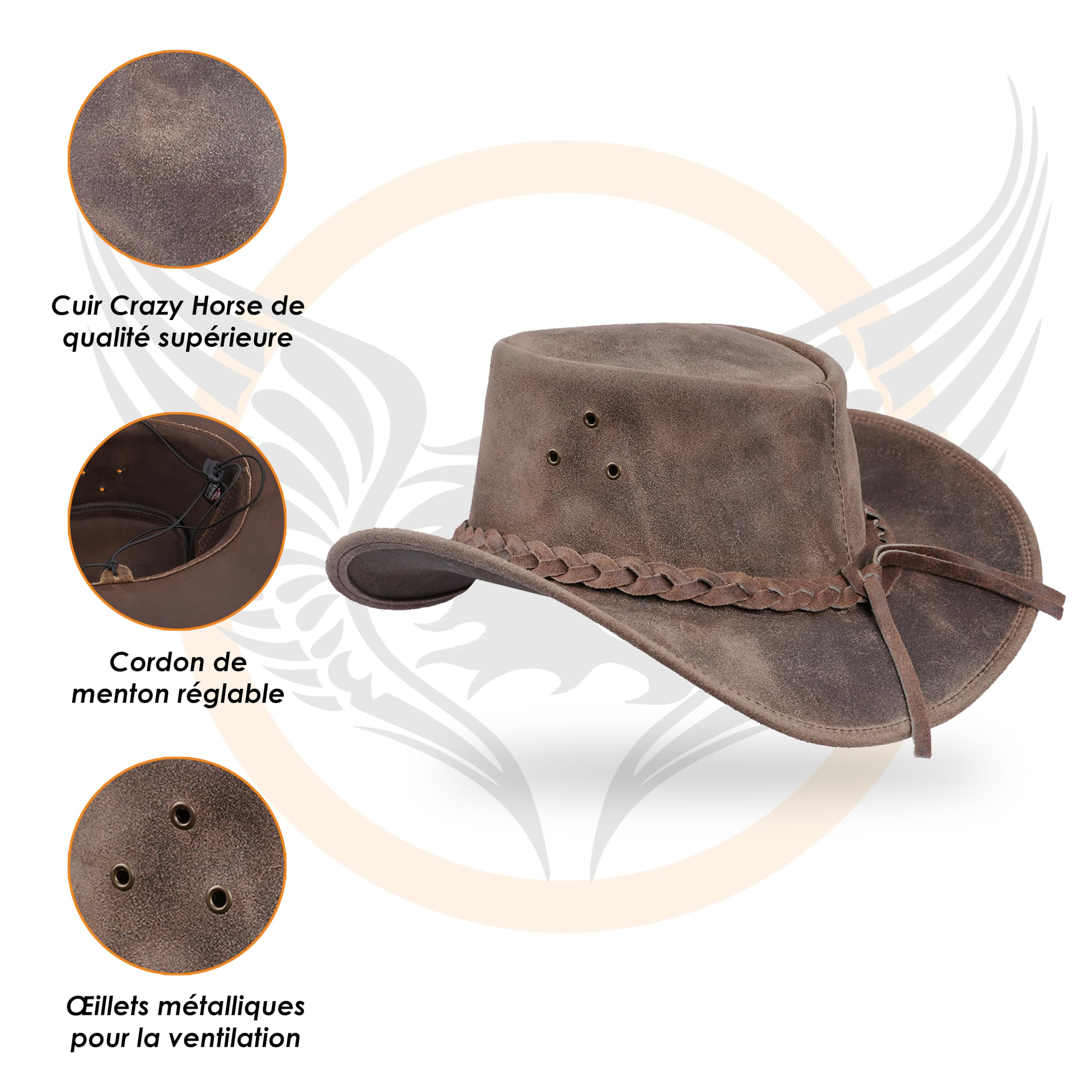 Leatherick Chapeau Cowboy pour Hommes - Chapeaux Outback en Cuir de Cheval Fou de Style Western Aussie avec Sangle de Menton