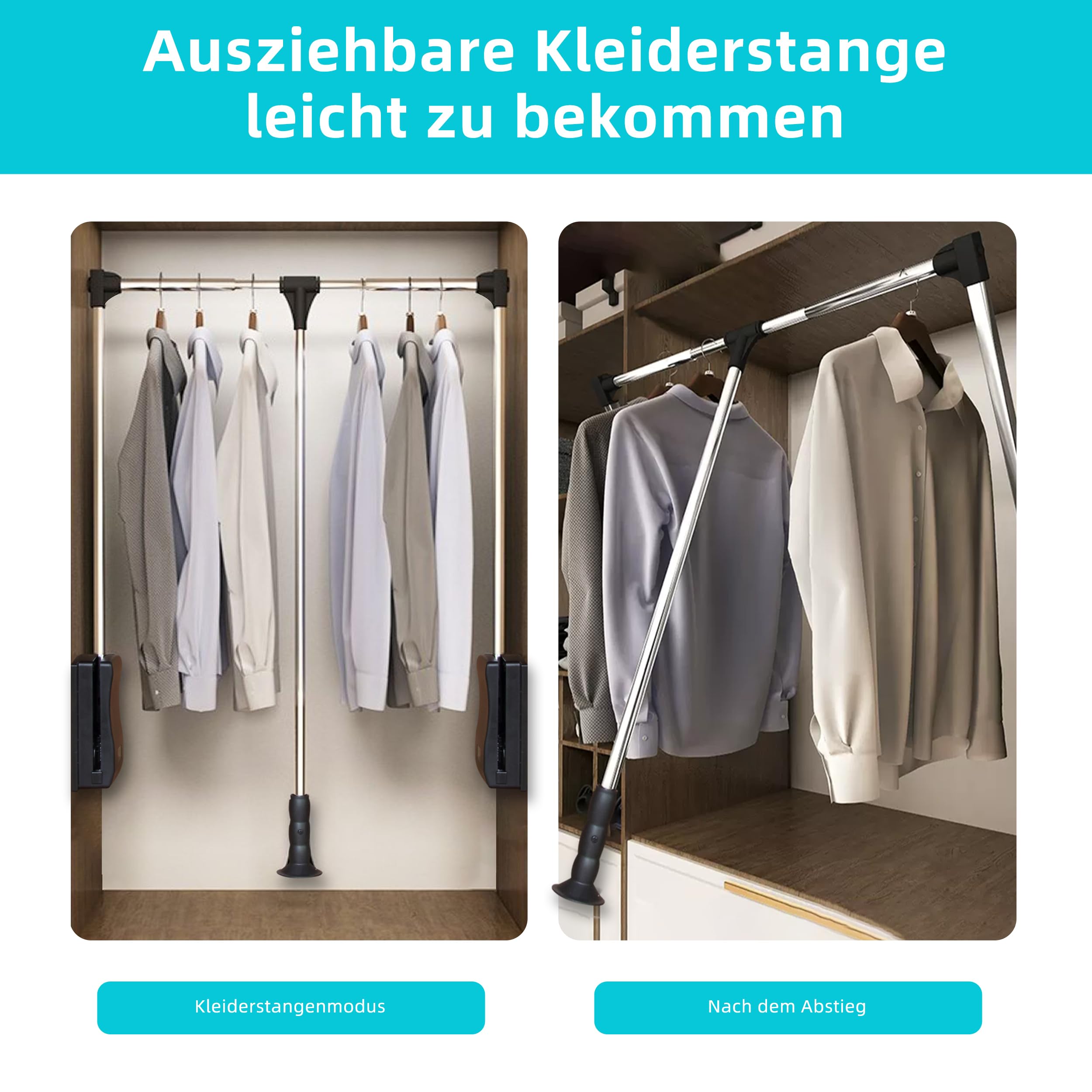 Kleiderlift für Schrank, Ausziehbarer Kleiderlift,Kleiderstange Schrank,Verchromt Aluminiumlegierung,Two-Way Buffering Side,für hohe Kleiderschränke (66-89cm)