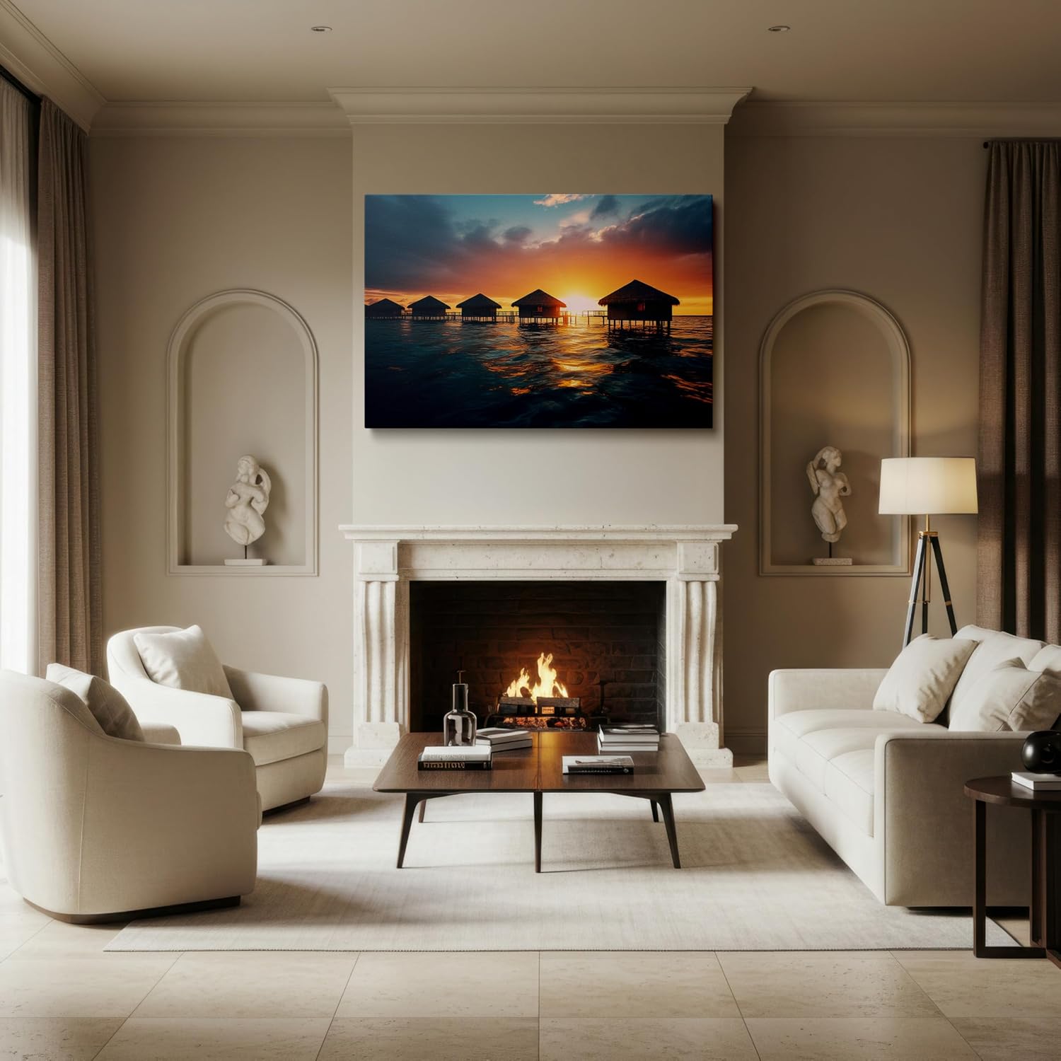 Canvas for Living room. Sunset Serenity Over Tropical Waters - Find Your Peace in Thatched Hut Bliss, 27 x 18 inch Canvas Wall Art - Ready to Hang - 91x61 cm (36x24 inch)