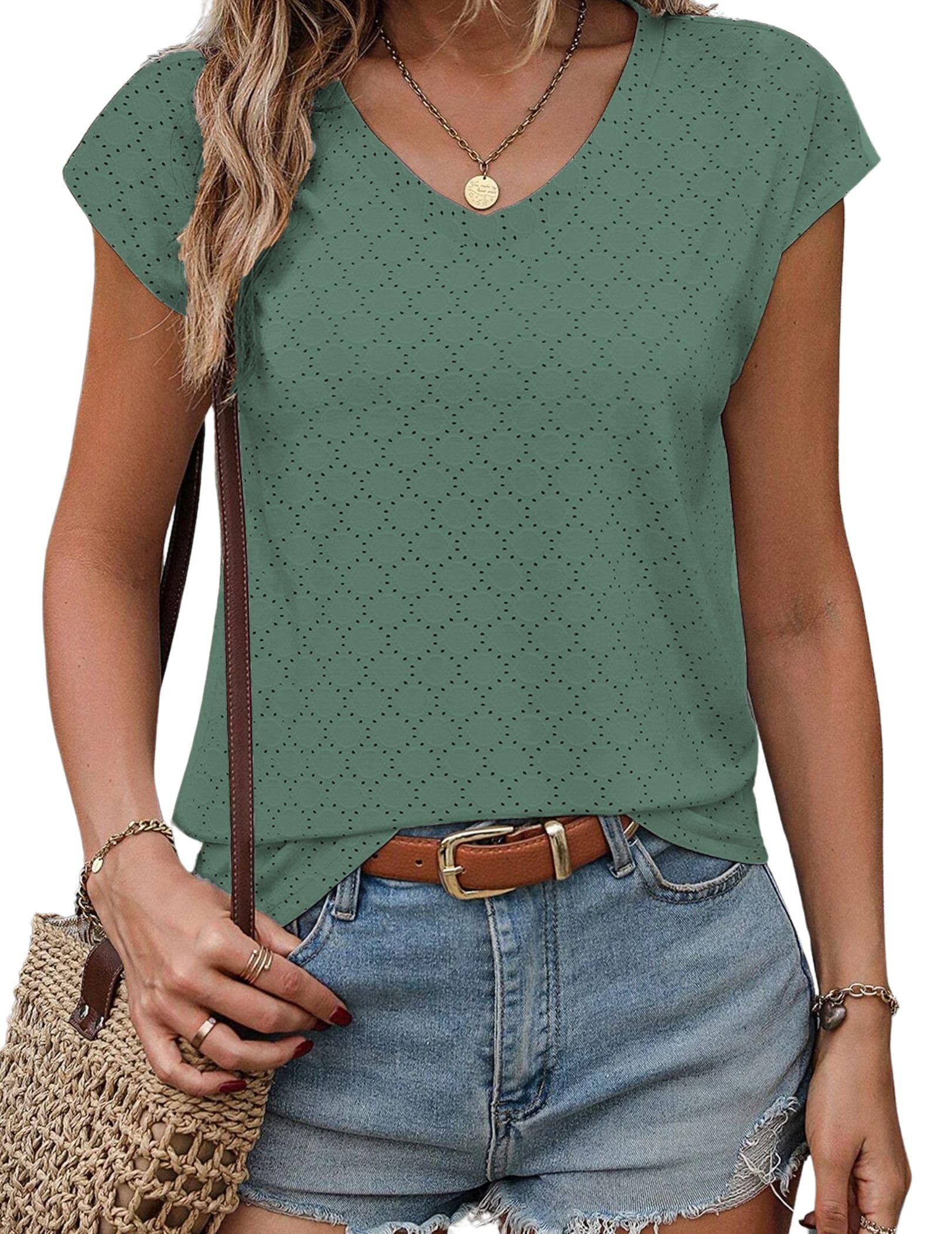Zeagoo T Shirt Damen V Ausschnitt Kurzarm Blusentop Sommer Elegant Lochstickerei Shirt Casual Leicht Flügelärmeln Top Locker Luftig Tank Top S-XXL
