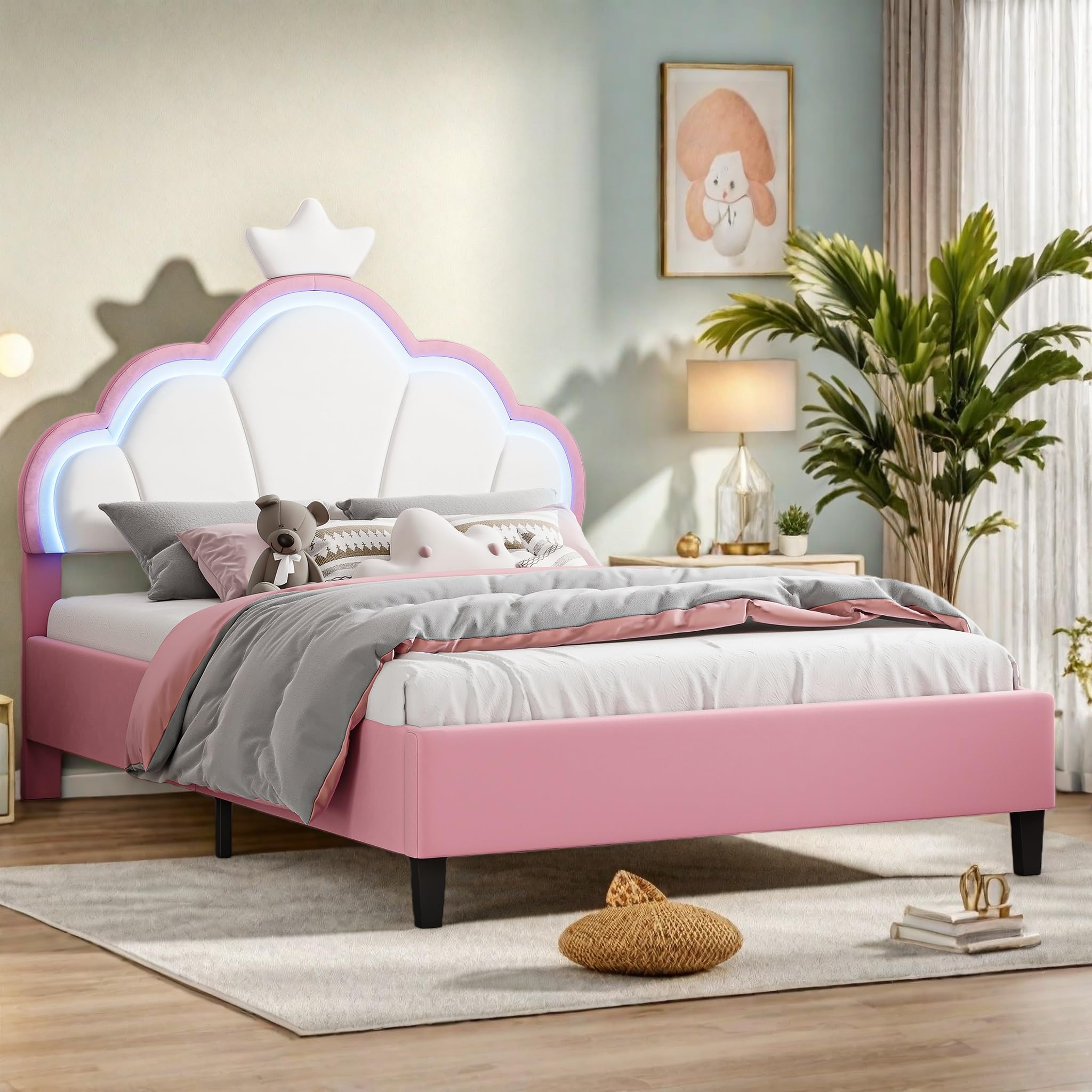 Letto imbottito 140x190 cm per ragazze, struttura letto per bambini con testata regolabile Crown e rete a doghe, letto da principessa, letto matrimoniale per bambini e adolescenti, senza