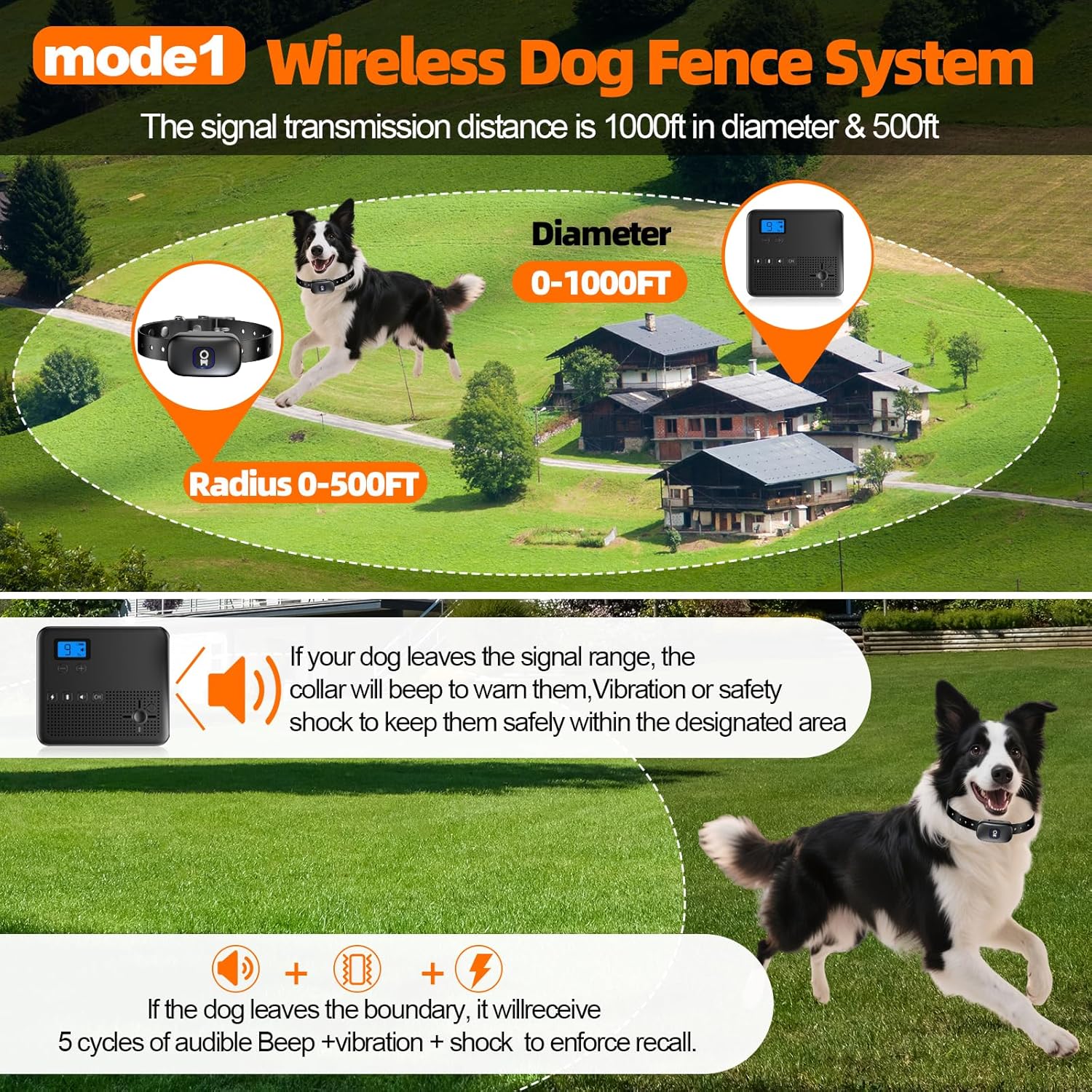 AI Technology Rechargeable Wireless Dog Fence System, Pet Containment System Adjustable Radius Range to 500FT, with Beep & Vibration & Shock Modes 10-99 Level Black
