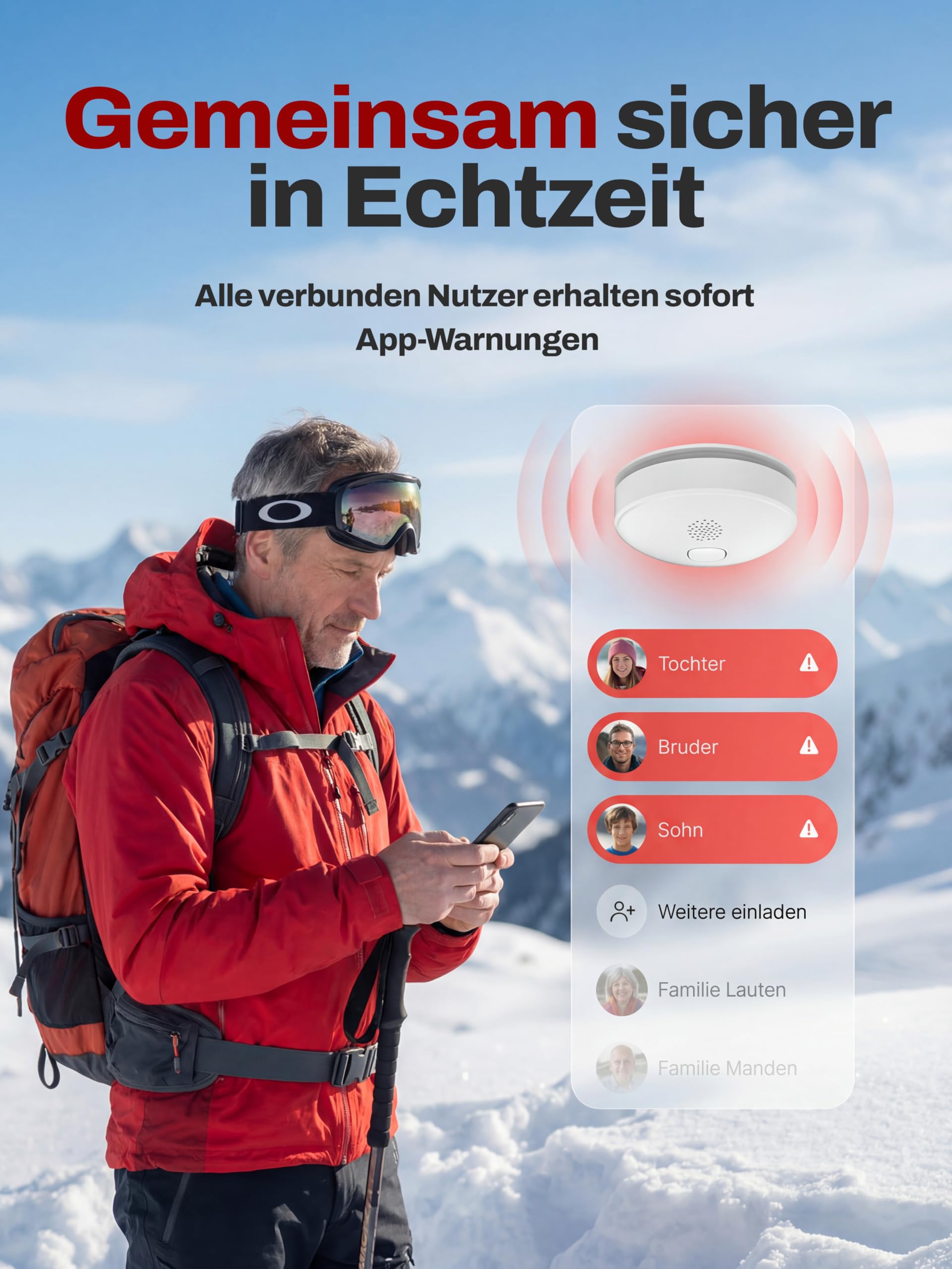 ALPENLUFT Rauchmelder mit Smart App 10 Jahre Batterie, TESTSIEGER Feuermelder Funk und WLAN Vernetzt, Rauchwarnmelder, Brandmelder, Funkrauchmelder Vernetzbar Ohne Bohren, Ohne LED Blinken, 5er + HUB