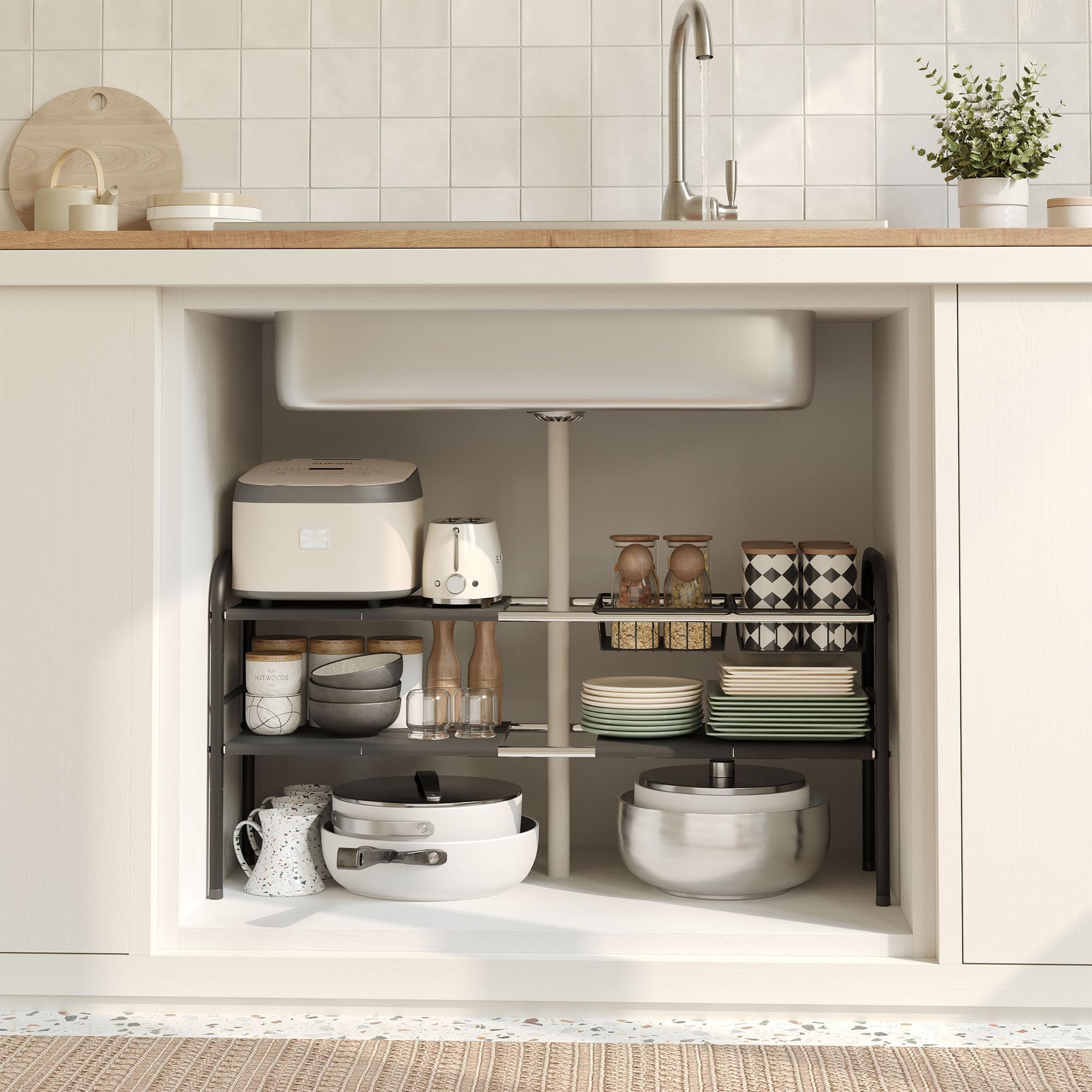 NETEL Organisateur de meuble d'évier, étagère de cuisine extensible avec 6 plaques mobiles et 2 paniers, largeur extensible (52,53-82 cm)