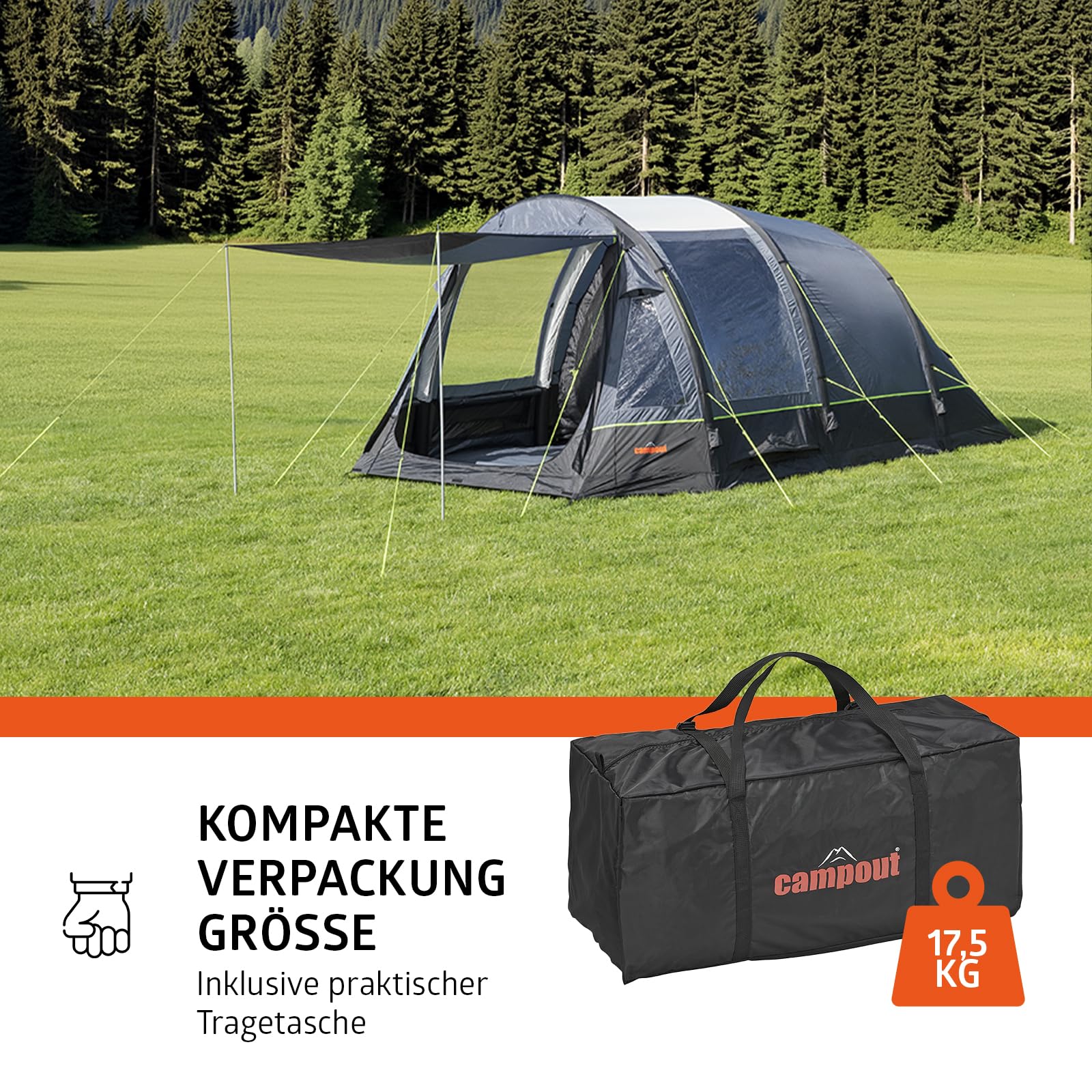 Campout Aufblasbares Tunnelzelt - Familienzelt - Luftzelt - Wasserdicht mit 5000 mm - Inklusive Pumpe, Bodenplane und vordach