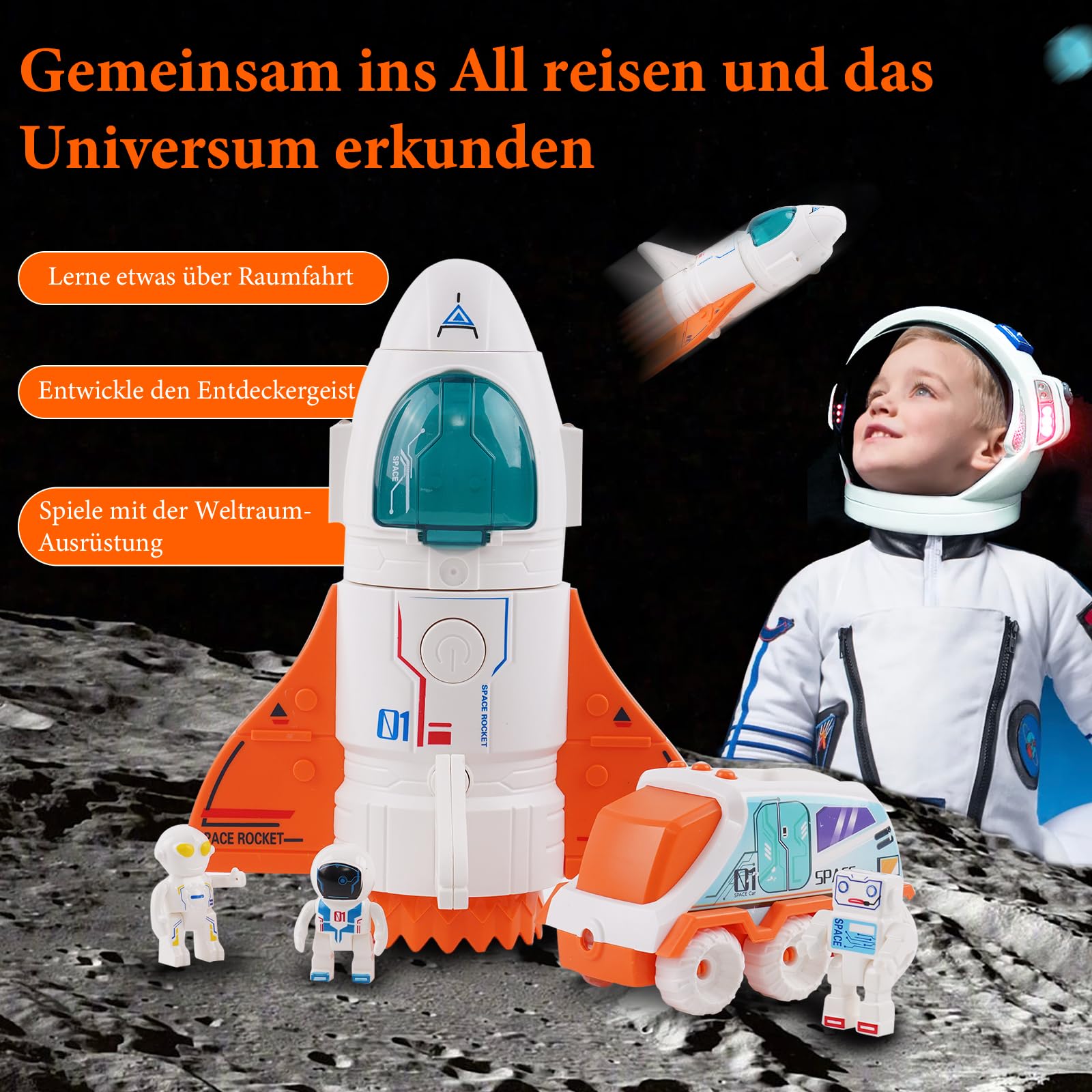 Space Shuttle Missione Spaziale Razzo Giocattolo, astronave arancione con suono, 3 figure di astronauti, cabina di pilotaggio incernierata, marmitta spray, regalo di compleanno per bambini
