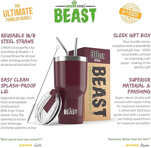 Miniatura 2 de BEAST - Juego de vasos de 30 onzas con asa, color rojo arándano, taza de café de acero inoxidable + 2 cepillos para pajitas, caja de regalo y mango