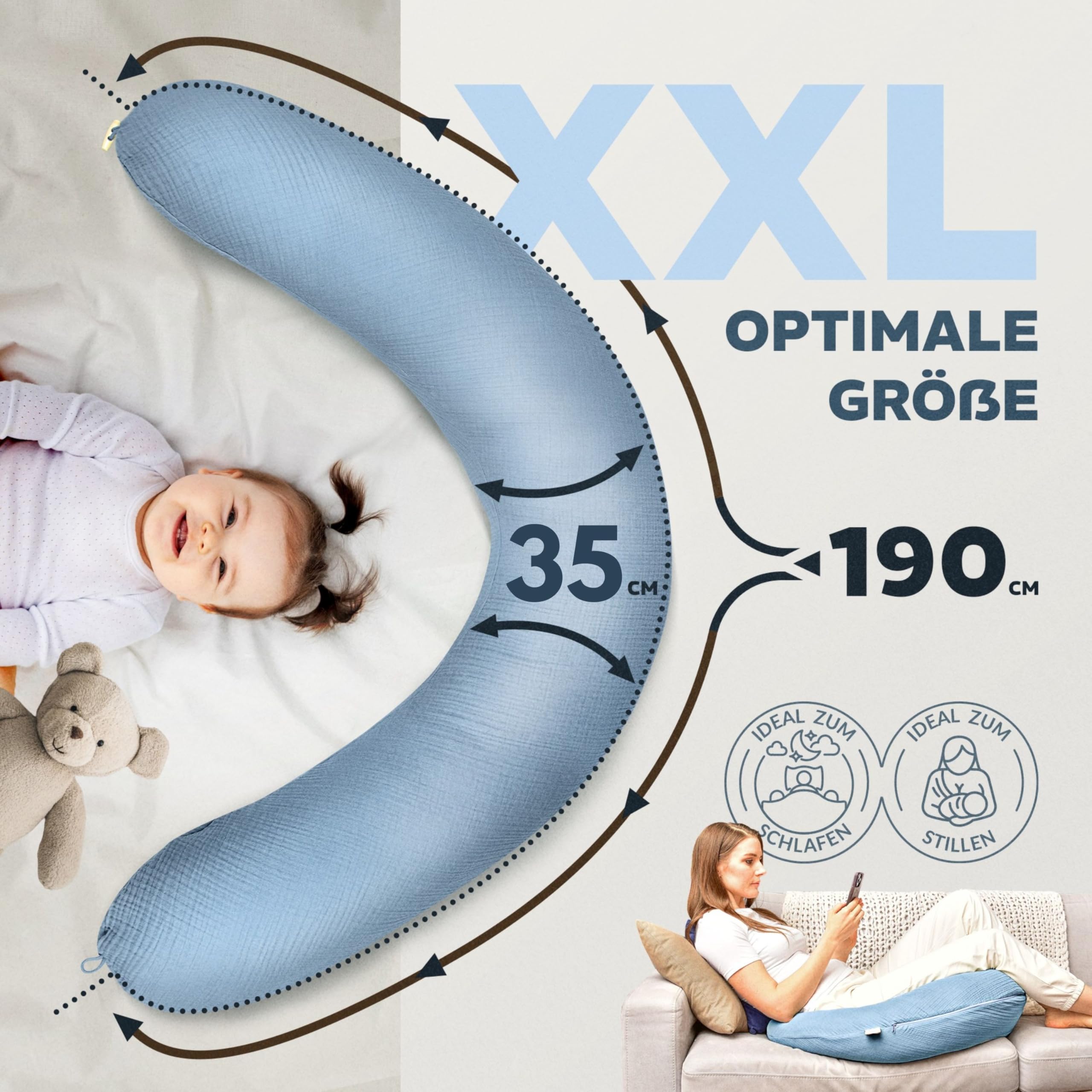 sei Design Stillkissen Mikroperlen XXL Lagerungskissen Schwangerschaftskissen Seitenschläferkissen 190x35 cm groß (Bezug Musselin Denim, Füllung EPS Mikroperlen)