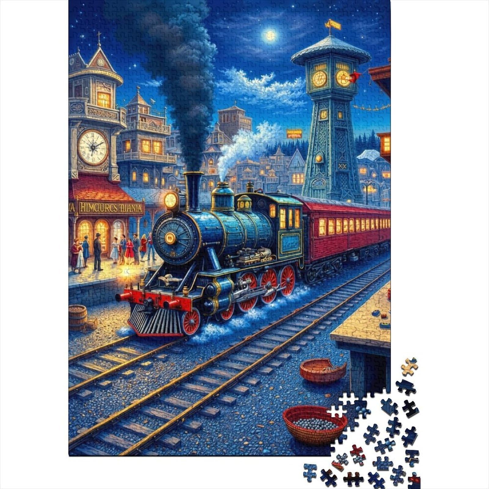 steam train 1000 piece jigsaw puzzle paperboard city station night view vintage scene for adults wall art decor home decoration — image 1