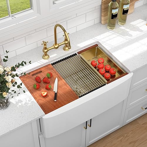 33x21 Inch Farmhouse Sink White Workstation Fireclay Large Single Bowl Curved Apron Front Farm Kitchen Basin With Reversible Apron, Gold Accessories