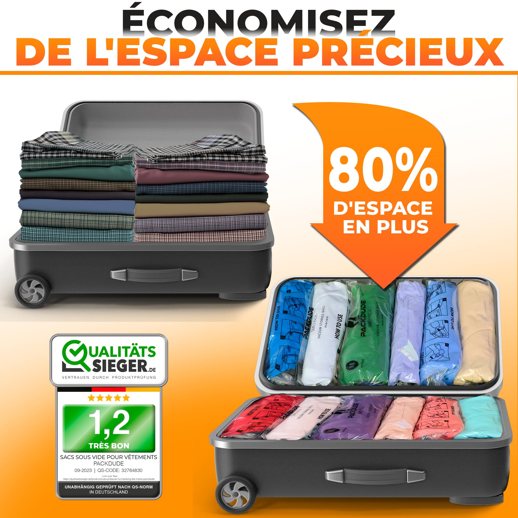 PACKDUDE Sac Sous Vide Voyage à Rouler I 8 PIECES I Taille L