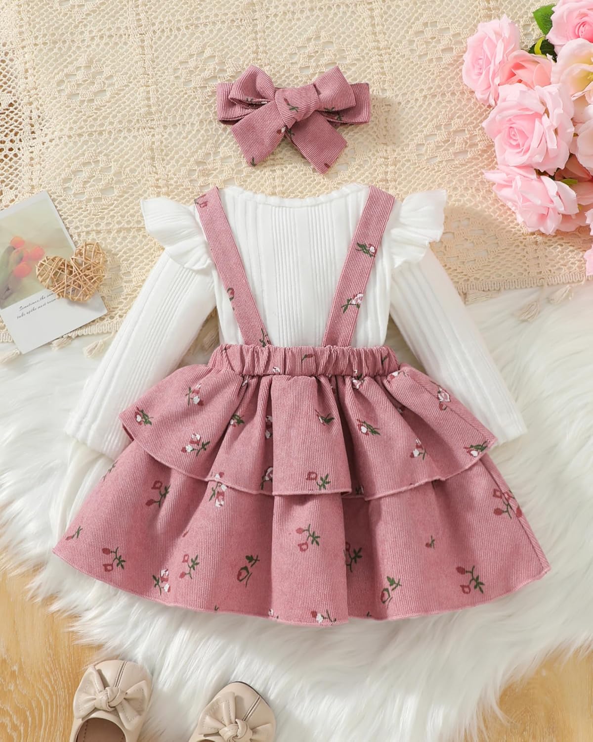 Baby Girl Fall Winter Skirt Set Newborn Overall Dress Long Sleeve Ribbed Romper Suspender Skirts 3Pcs Outfits - Image 4