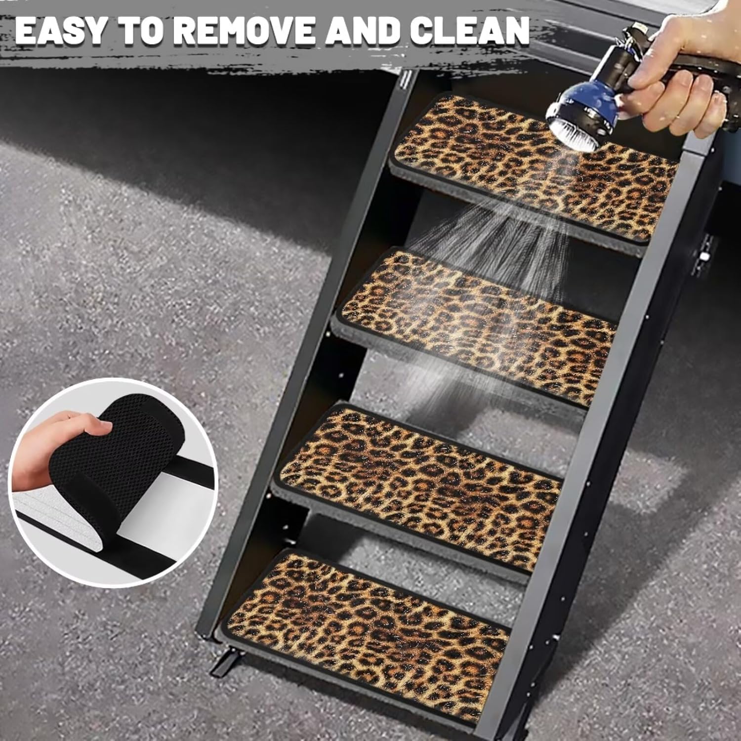 RV Step Covers 4 Pack Brown Leopard Print RV Stair Covers with Hook and Loop 19.61"x7.56" Camper Step Covers RV Step Carpet Rug for Mobile Home, Camper, Machine Washable