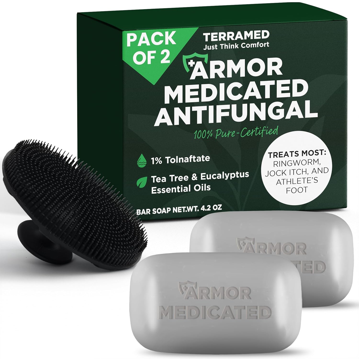 Antifungal Soap Pack of 2 | Medicated Jock Itch Treatment, Fights Ringworm & Athlete's Foot | Antifungal Soap Includes Scrubber for Deeper Cleansing & Exfoliation | Tea Tree Oil 1% Tolnaftate