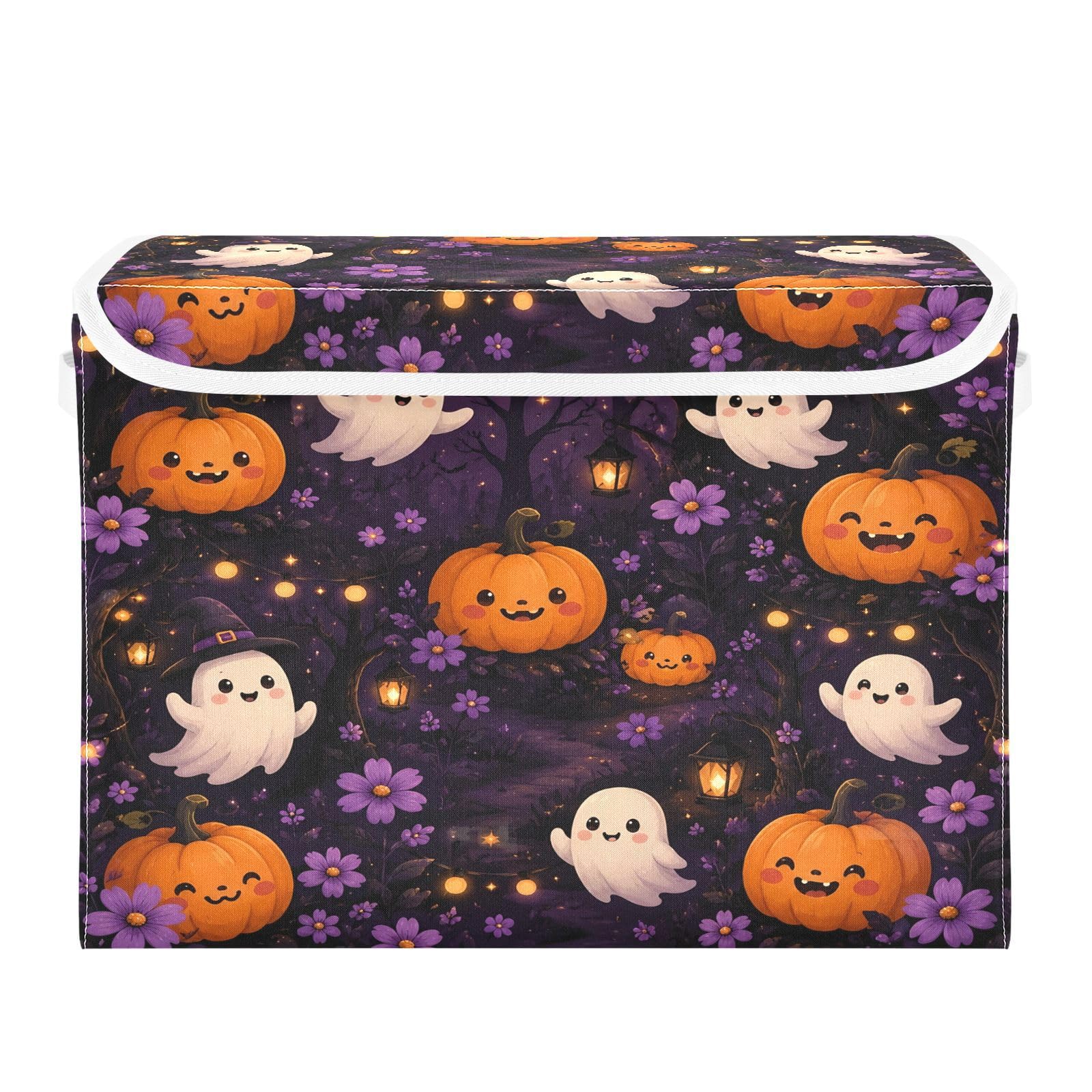Ewusp Halloween Boo Fabric Storage Bin with Lid, Decorative Foldable Storage Basket with Handles, Stackable Closet Shelf Organiser Box for Clothes, Books, Bedroom, Living Room