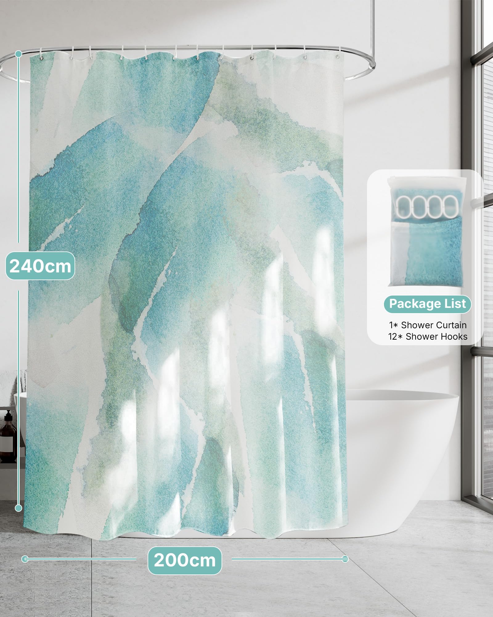 Feagar Tenda da doccia 200 x 240 cm, motivo acquerello blu, impermeabile, antimuffa, ad asciugatura rapida, lavabile, in poliestere, per tenda da doccia, vasca da bagno e doccia, con 12 anelli