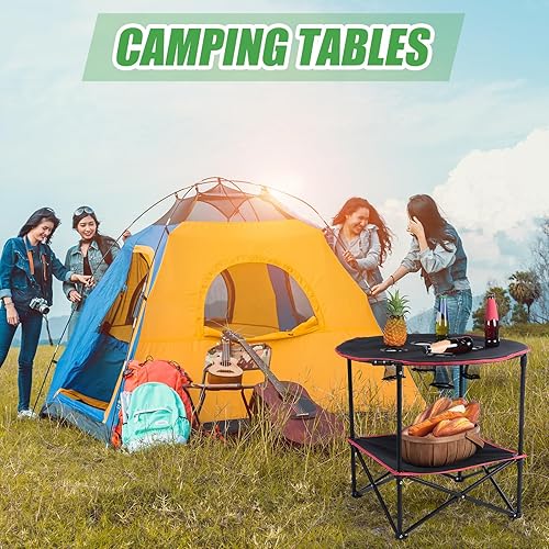 Miniatura 5 de Mesa de camping portátil de 2 piezas, mesa de picnic plegable con 4 portavasos y bolsas de transporte, mesas portátiles Oxford plegables para