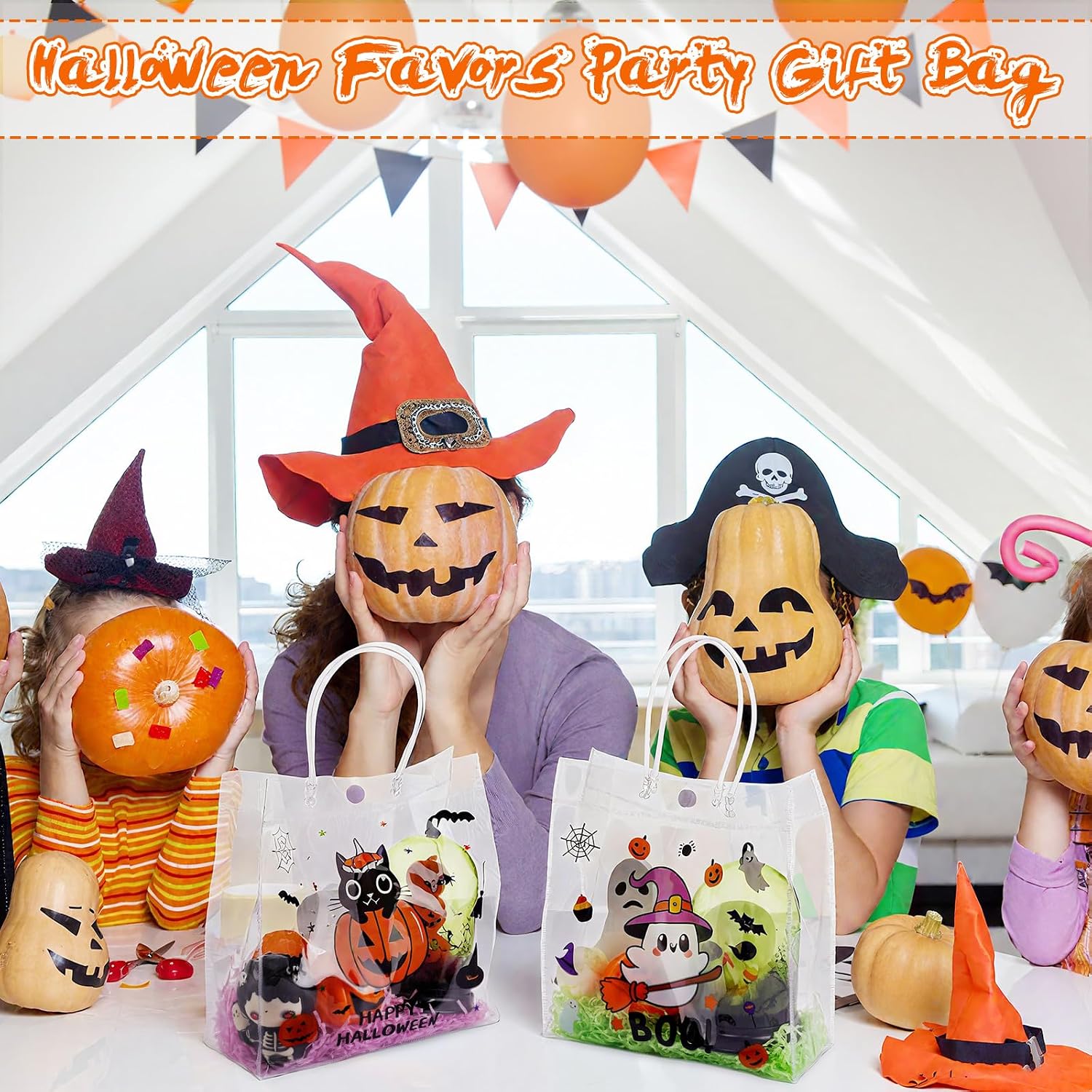 Motipuns 48 Pcs Halloween Clear Plastic Gift Bags with Handles, Small Treat Reusable PVC Pumpkin Party Favor Bags Bulk, Black Orange Tote Bag for Halloween Trick or Treat, 7.87 x 7.87 Inch