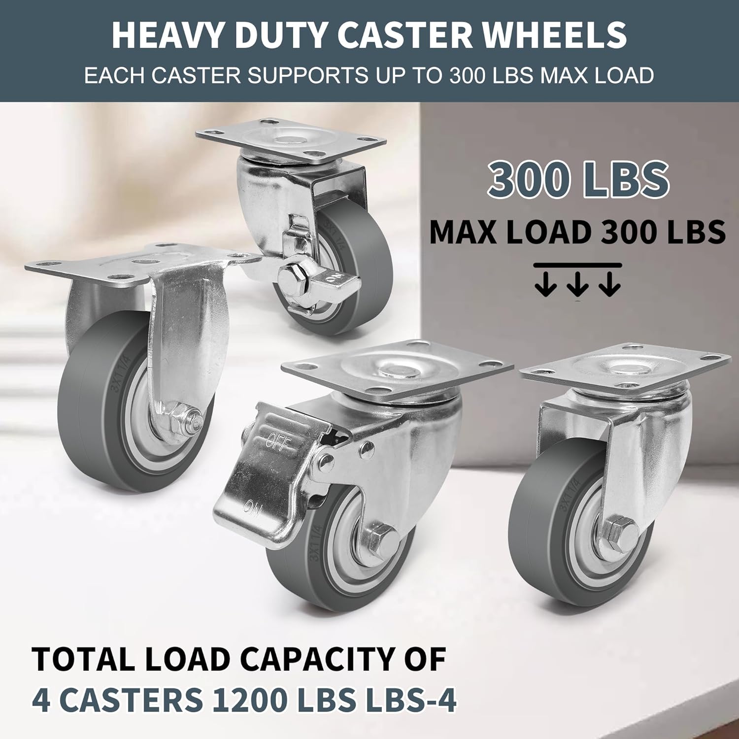 3 Inch Caster Wheels - Set of 4 Heavy Duty Rubber Castors With Brake 1200Lbs, Silent Industrial Plate Casters for Cart Furniture Workbench (4 Brake#02)