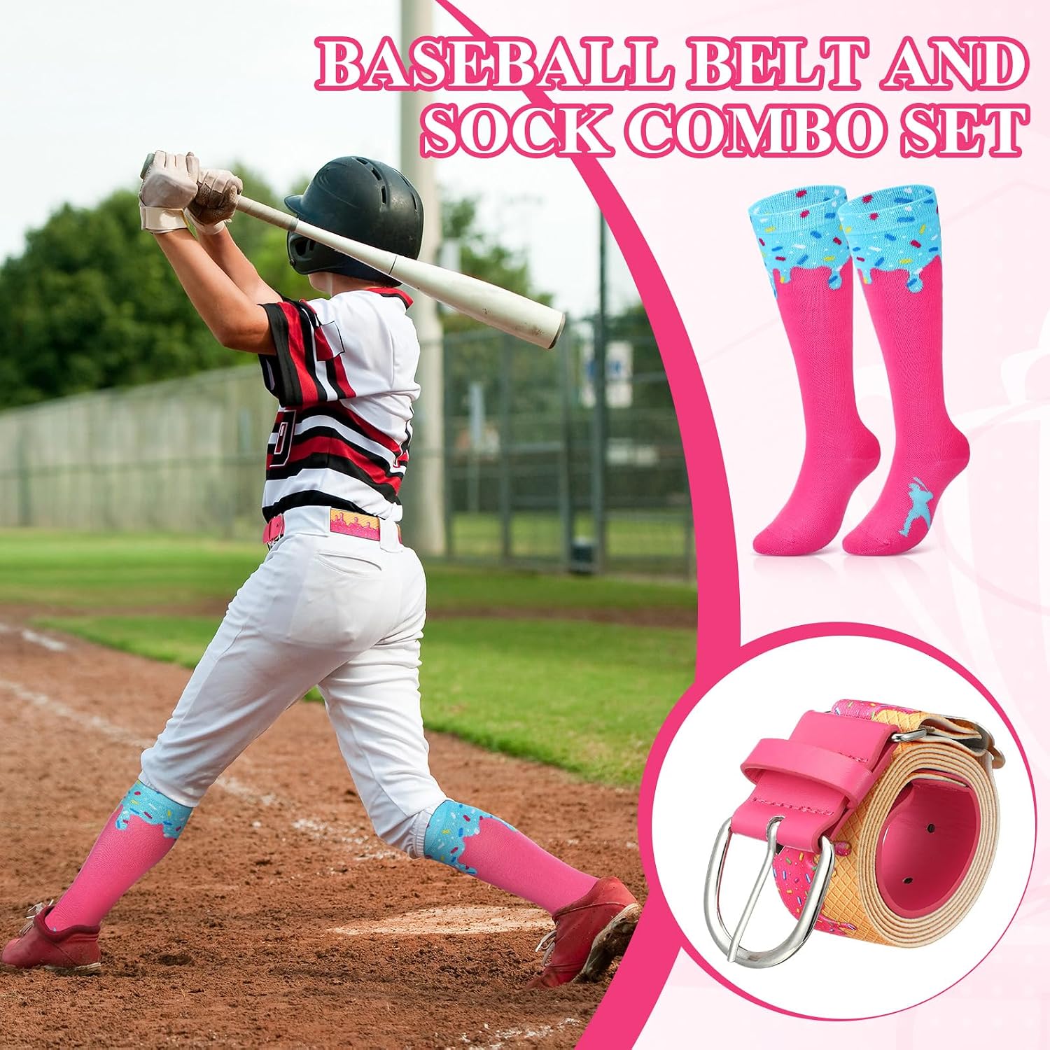 Ice Cream Drip Baseball Belt and Sock Combo, Youth Adult Adjustable Elastic Softball Belt Sock for Sport Practice